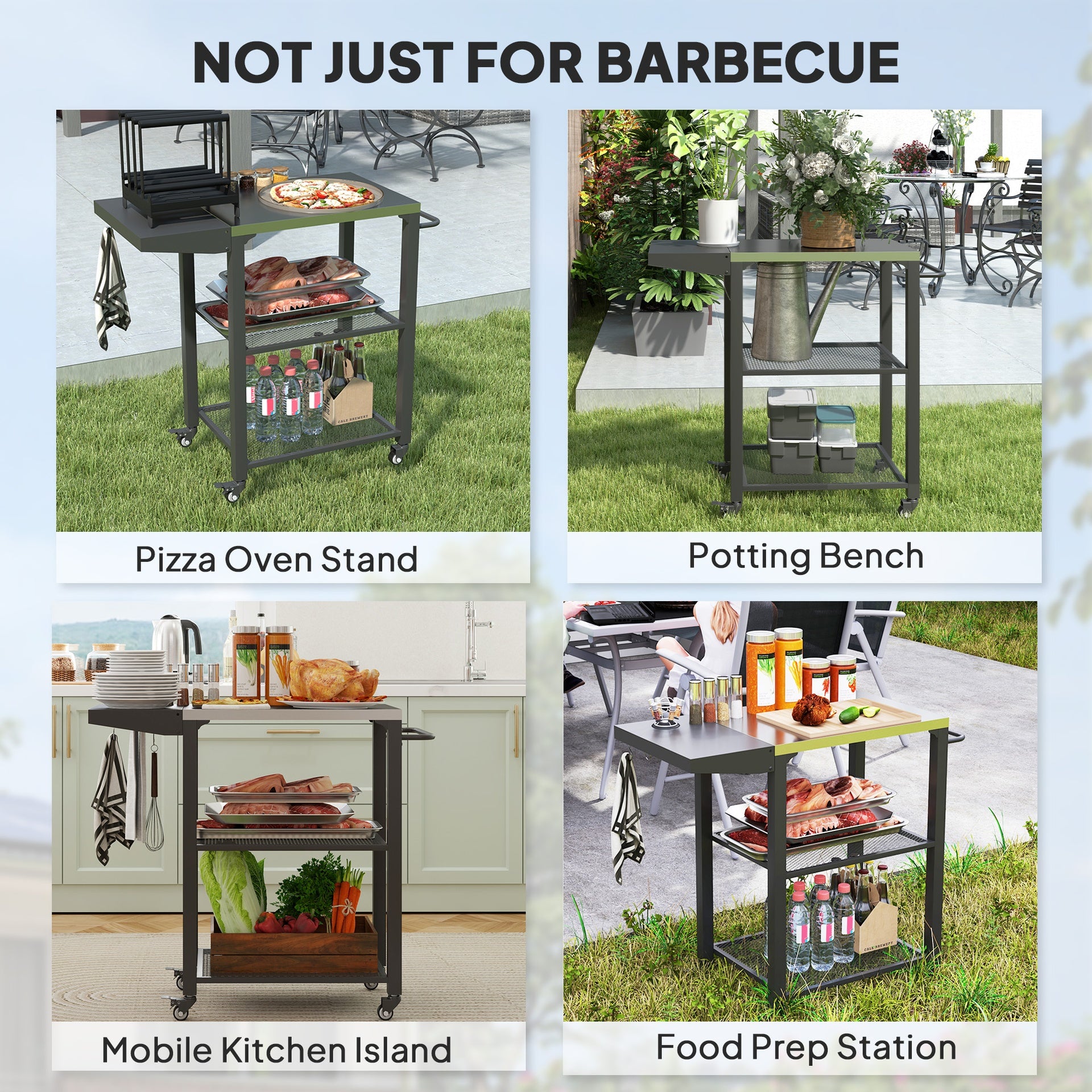 Outsunny Three-Shelf Outdoor Grill Cart Table with Foldable Side Table, Stainless Steel Top Pizza Oven Stand with Hooks, Silver
