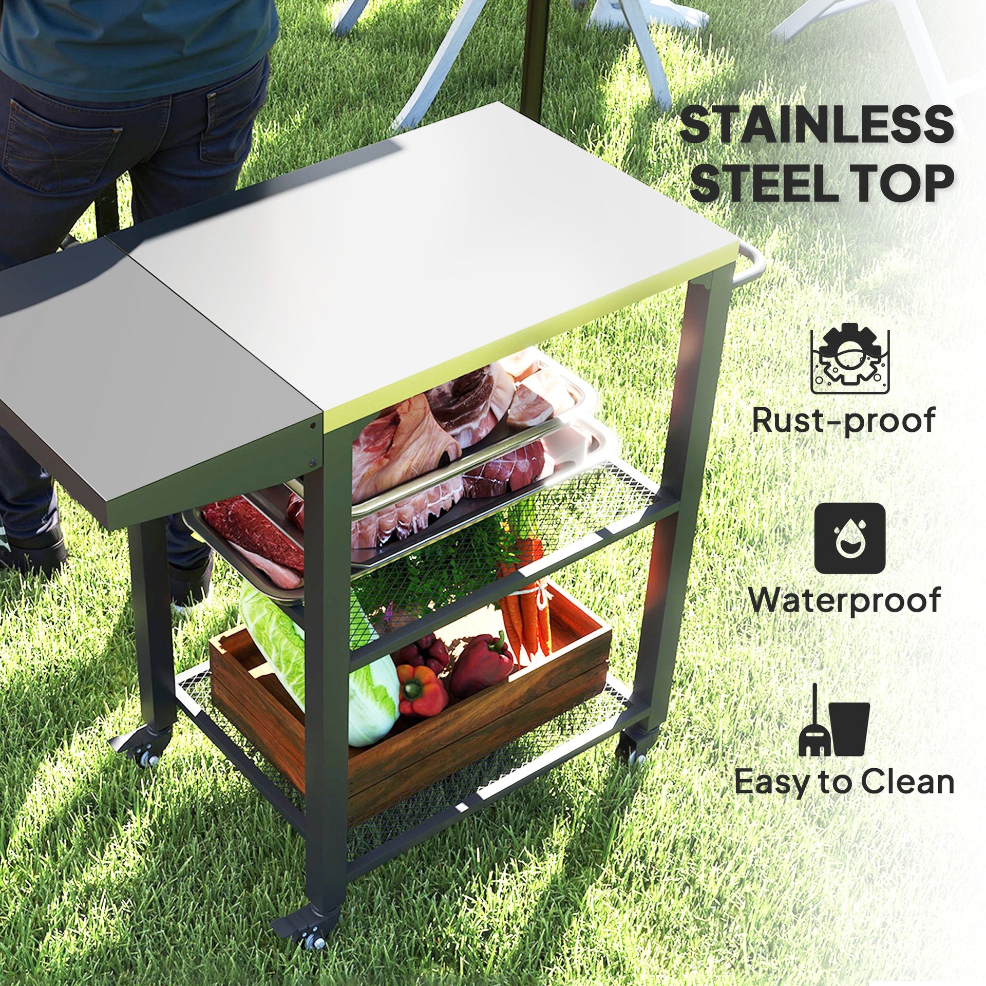Outsunny Three-Shelf Outdoor Grill Cart Table with Foldable Side Table, Stainless Steel Top Pizza Oven Stand with Hooks, Silver