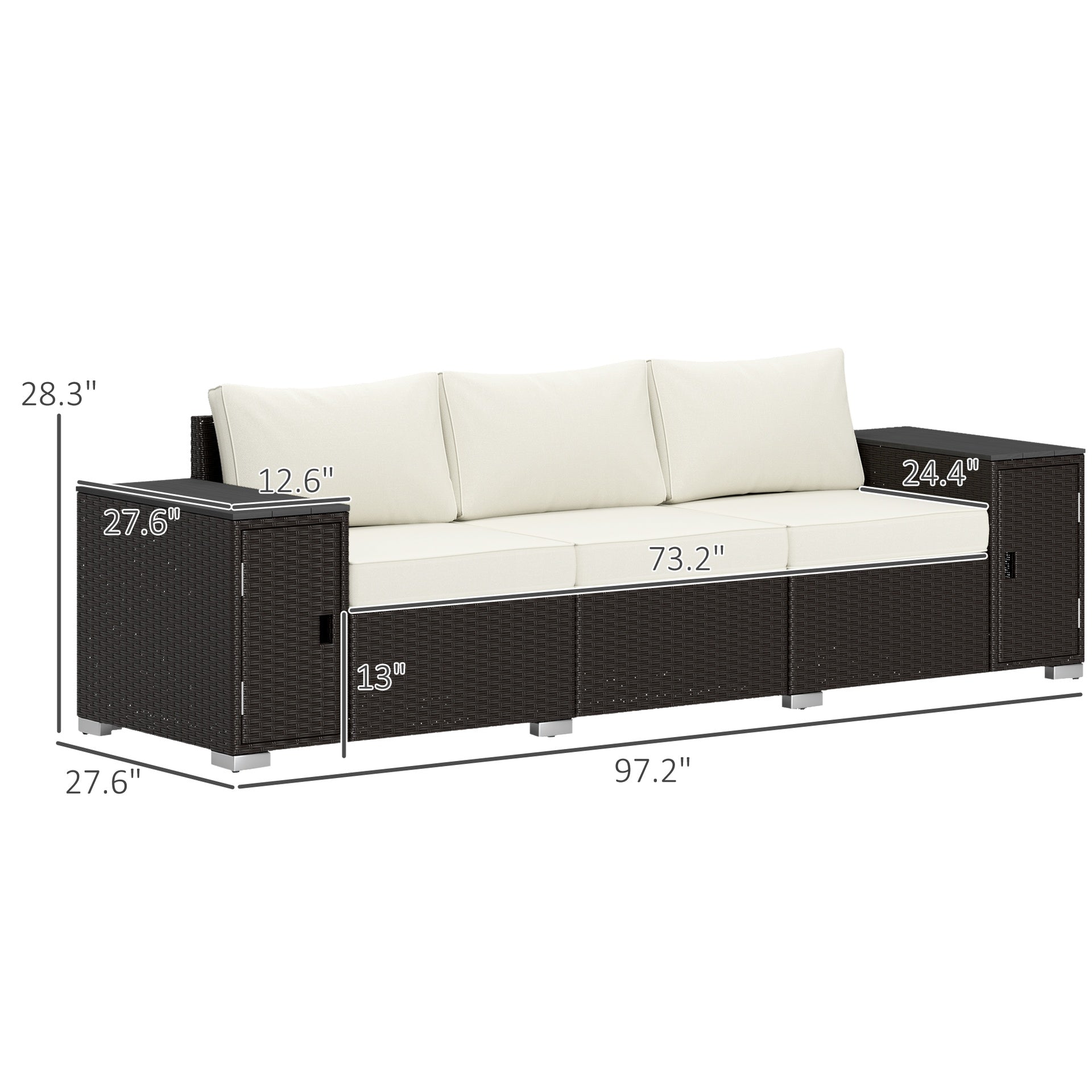 Outsunny 3 Seater Wicker Outdoor Couch Patio Sofa with Storage, Thickened Cushions and Wide Armrests for Porch Yard, Cream White