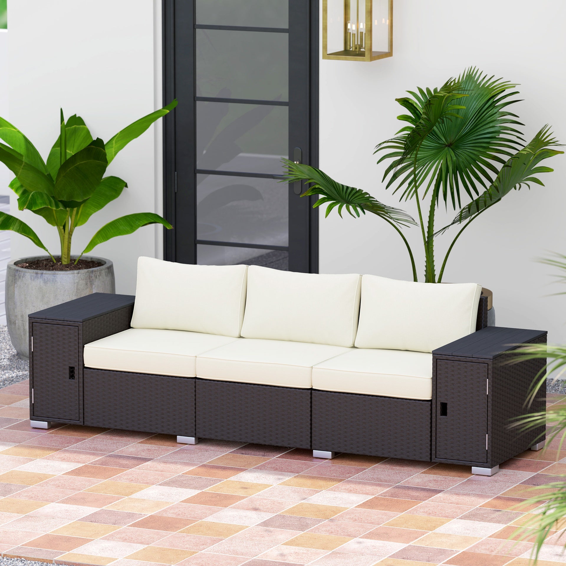 Outsunny 3 Seater Wicker Outdoor Couch Patio Sofa with Storage, Thickened Cushions and Wide Armrests for Porch Yard, Cream White