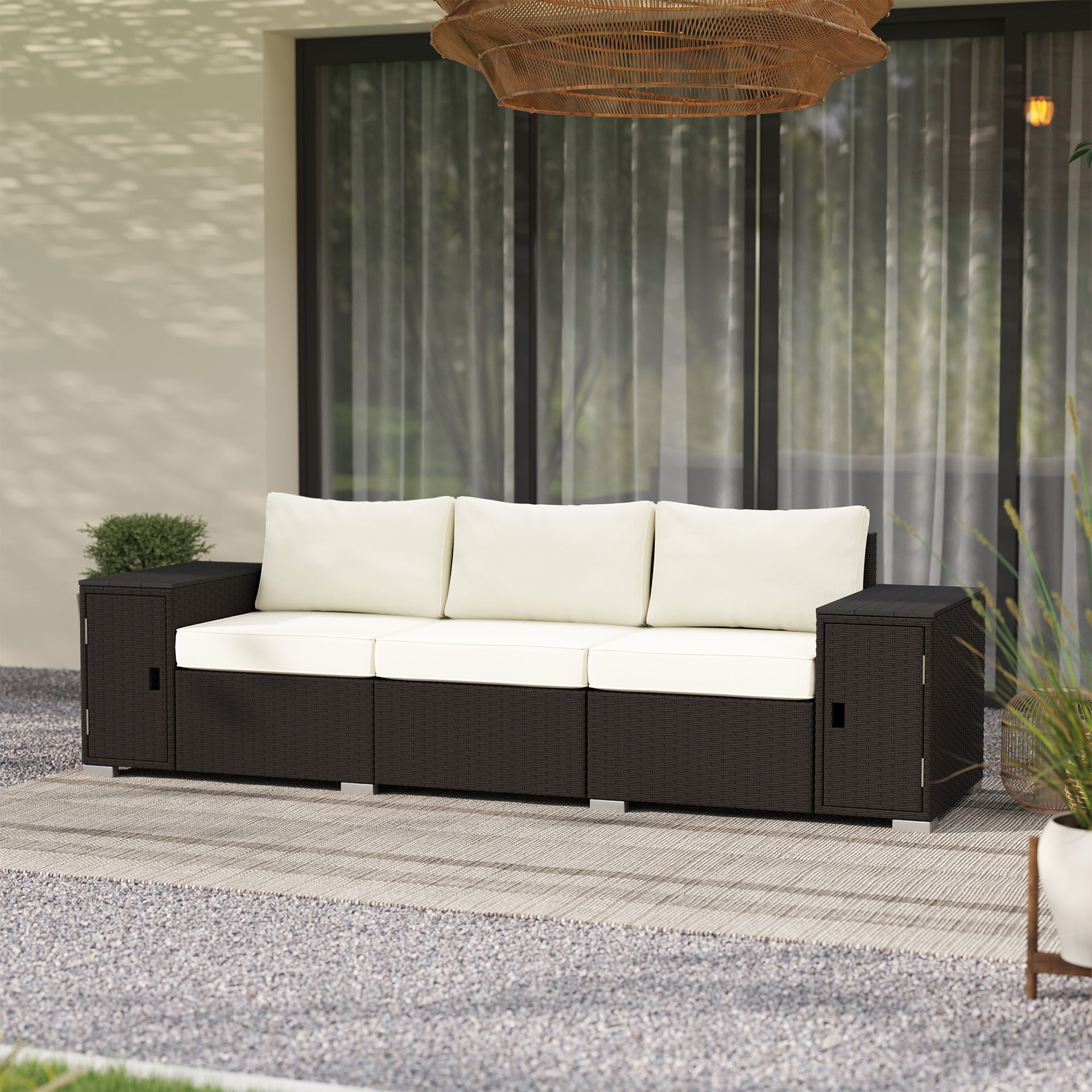 Outsunny 3 Seater Wicker Outdoor Couch Patio Sofa with Storage, Thickened Cushions and Wide Armrests for Porch Yard, Cream White