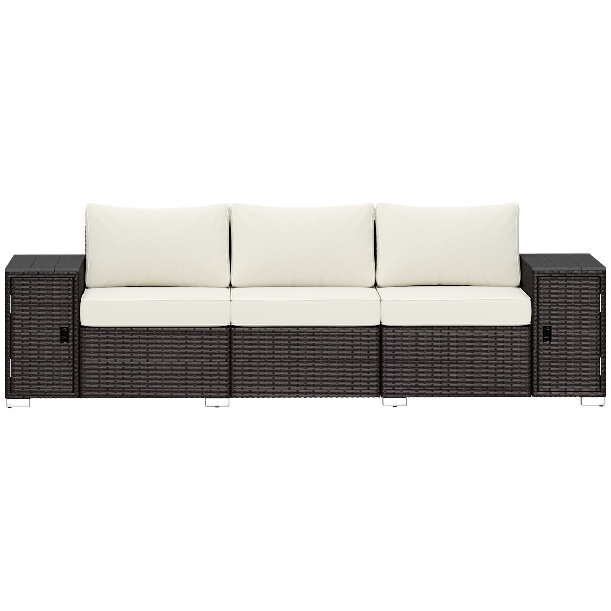 Outsunny 3 Seater Wicker Outdoor Couch Patio Sofa with Storage, Thickened Cushions and Wide Armrests for Porch Yard, Cream White