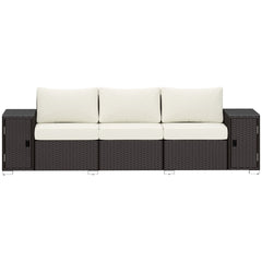 Outsunny 3 Seater Wicker Outdoor Couch Patio Sofa with Storage, Thickened Cushions and Wide Armrests for Porch Yard, Cream White