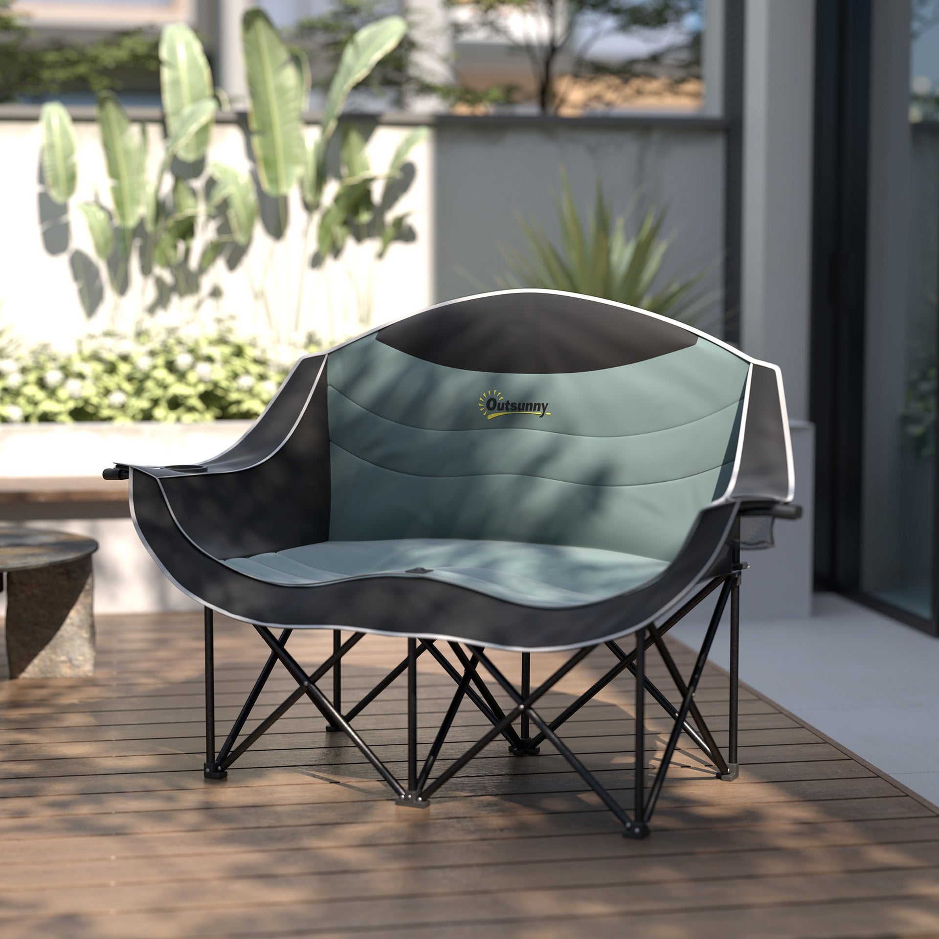 Outsunny Padded Folding Camp Chair for Adults, Double Camping Chair with Armrests, Cup Holders, Carry Bag for Outdoor, Black