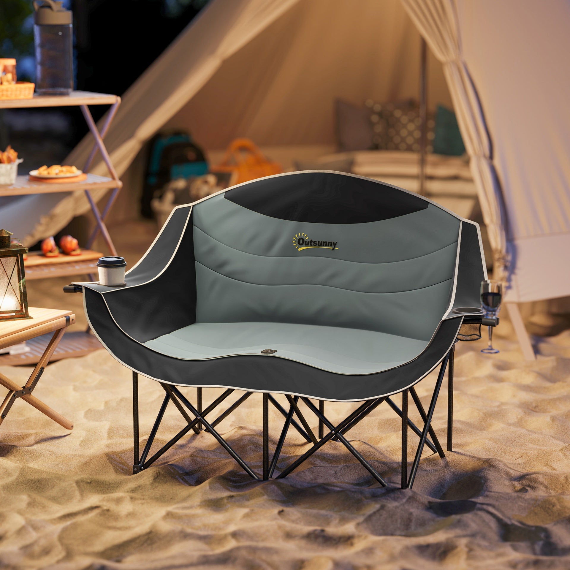 Outsunny Padded Folding Camp Chair for Adults, Double Camping Chair with Armrests, Cup Holders, Carry Bag for Outdoor, Black