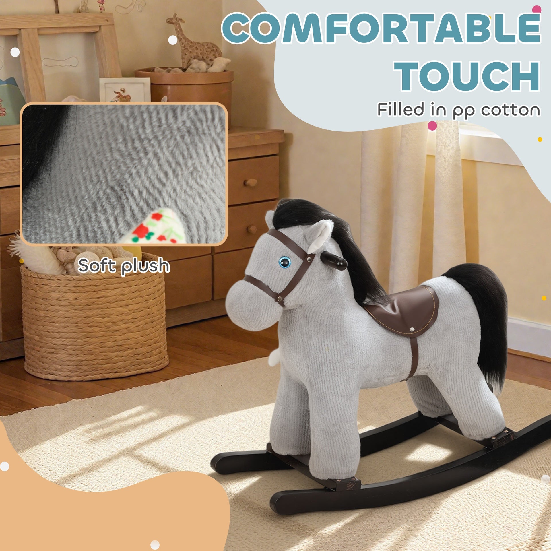 Qaba Kids Rocking Horse, Plush Toddler Ride on Toy with Realistic Neigh and Toy for 2–5 Years Old, Gray