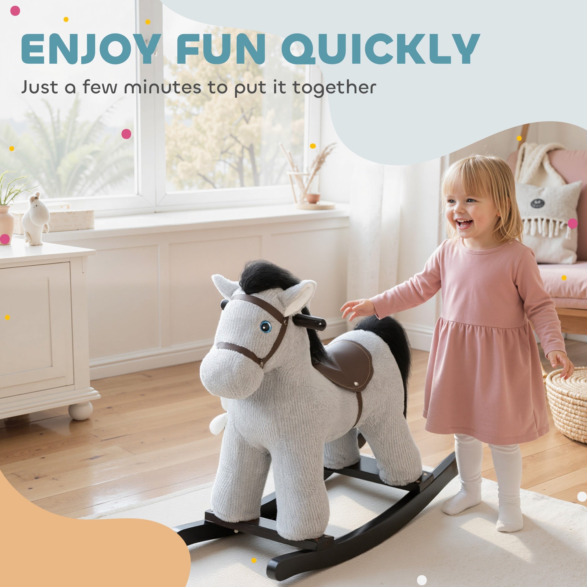 Qaba Kids Rocking Horse, Plush Toddler Ride on Toy with Realistic Neigh and Toy for 2–5 Years Old, Gray