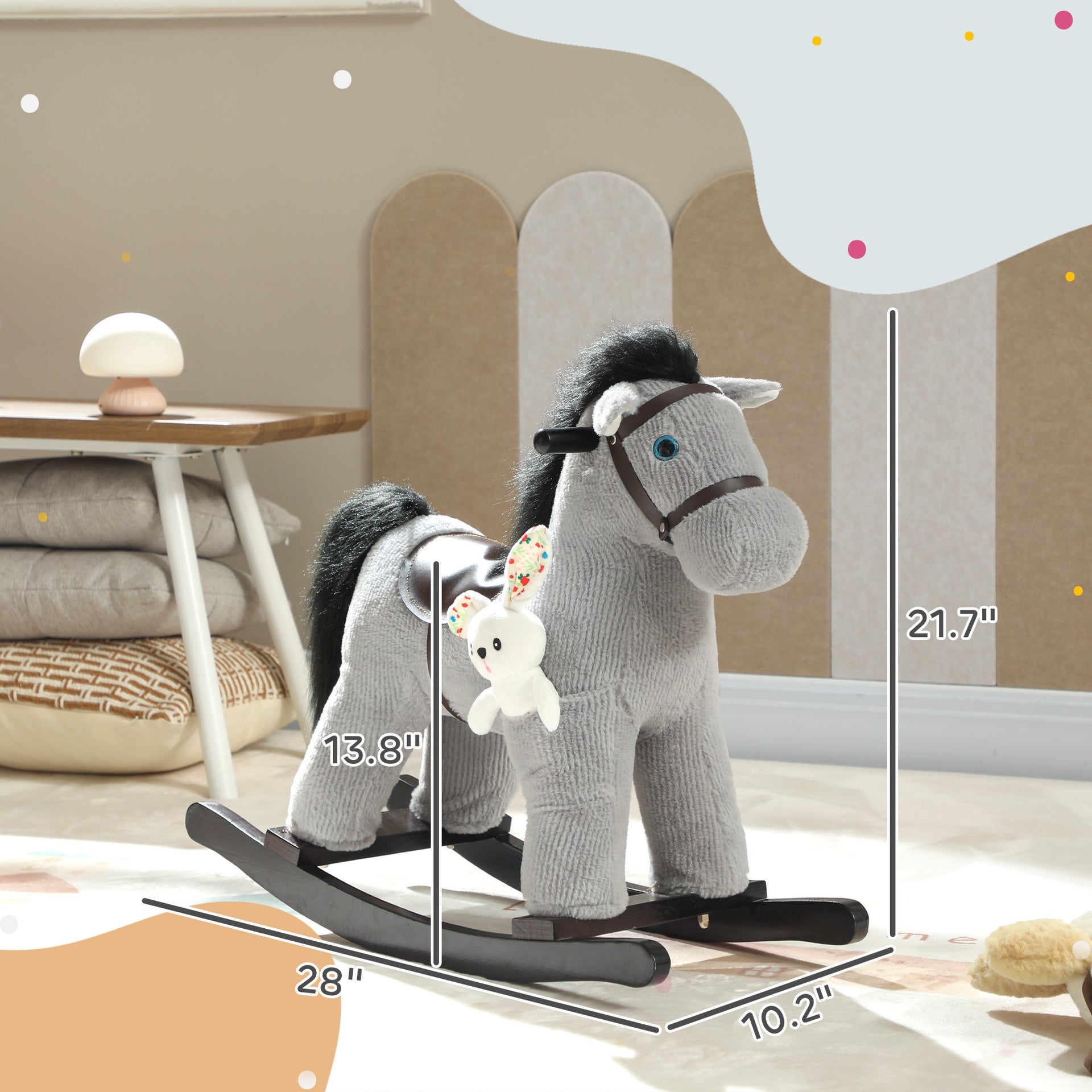 Qaba Kids Rocking Horse, Plush Toddler Ride on Toy with Realistic Neigh and Toy for 2–5 Years Old, Gray