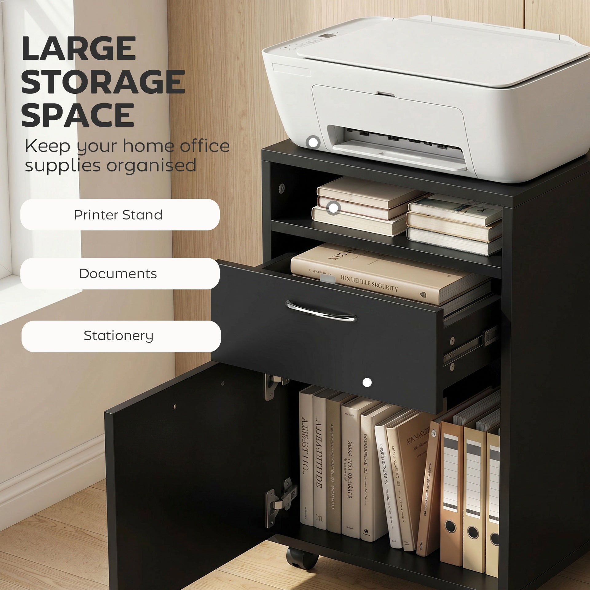 HOMCOM Mobile Storage Cabinet Organizer with Drawer and Cabinet, Printer Stand with Castors, Black