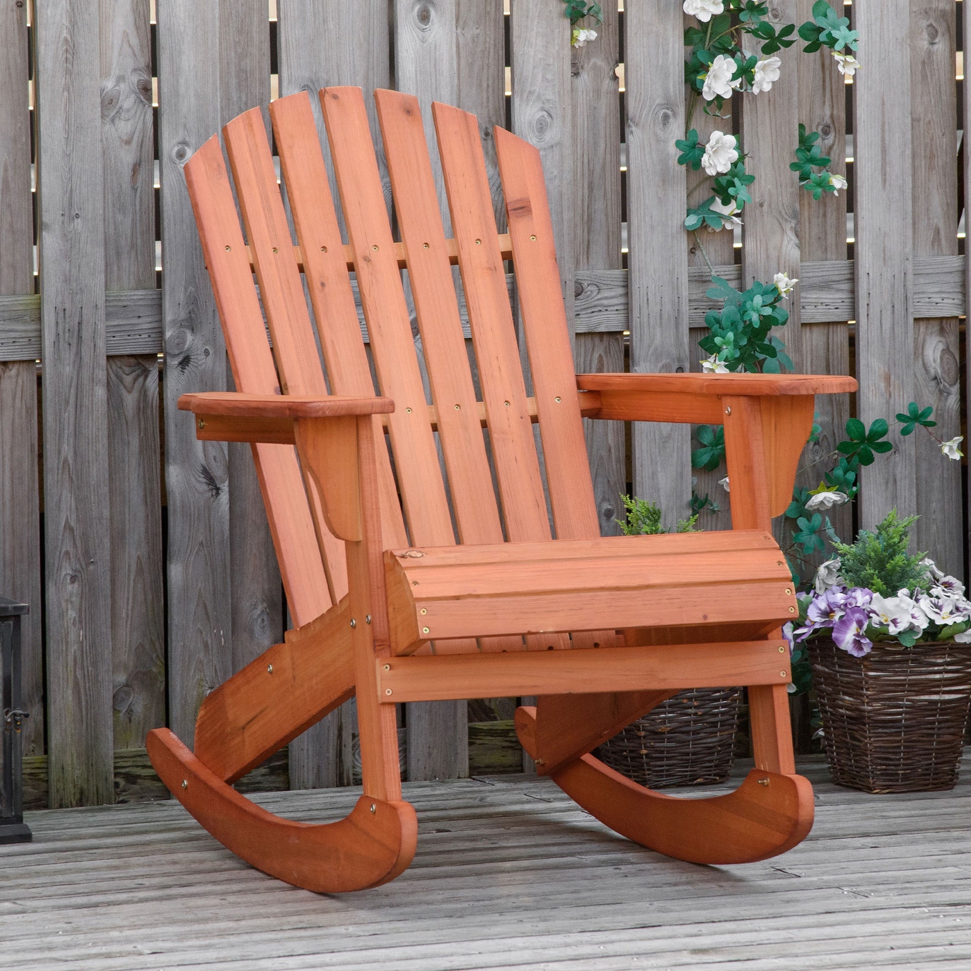 Outsunny Adirondack Rocking Chair, with Slatted Wooden Design, Fanned Back, Ergonomic Armrests, & Classic Rustic Style, For Porch, Patio, Backyard, Teak