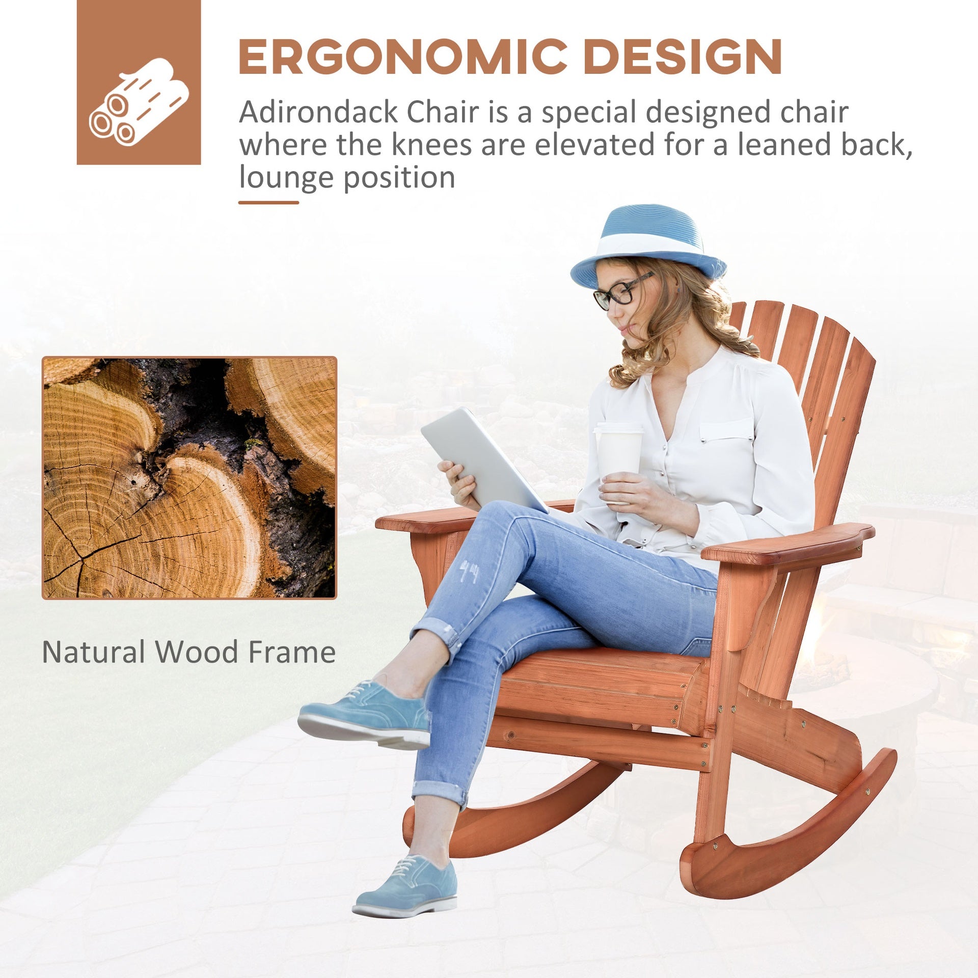 Outsunny Adirondack Rocking Chair, with Slatted Wooden Design, Fanned Back, Ergonomic Armrests, & Classic Rustic Style, For Porch, Patio, Backyard, Teak