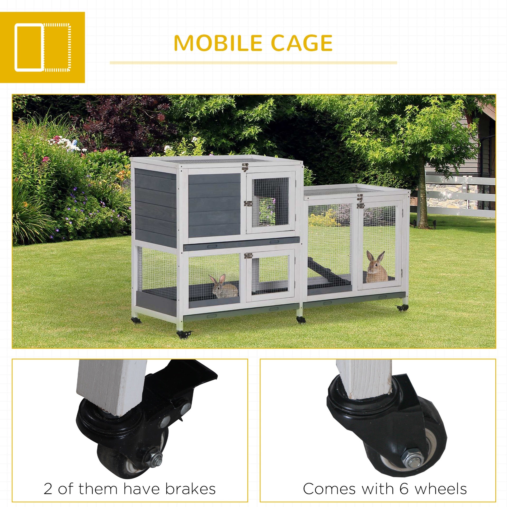PawHut Wooden Rabbit Hutch Bunny Hutch Elevated Pet House Cage Small Animal Habitat with No Leak Tray Lockable Door Openable Top for Rabbits, Chickens, Ducks, Indoor 57.75" x 18" x 32.5" Gray