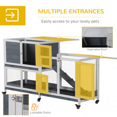 PawHut Wooden Rabbit Hutch Bunny Hutch Elevated Pet House Cage Small Animal Habitat with No Leak Tray Lockable Door Openable Top for Rabbits, Chickens, Ducks, Indoor 57.75" x 18" x 32.5" Gray
