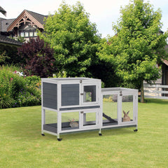 PawHut Wooden Rabbit Hutch Bunny Hutch Elevated Pet House Cage Small Animal Habitat with No Leak Tray Lockable Door Openable Top for Rabbits, Chickens, Ducks, Indoor 57.75" x 18" x 32.5" Gray