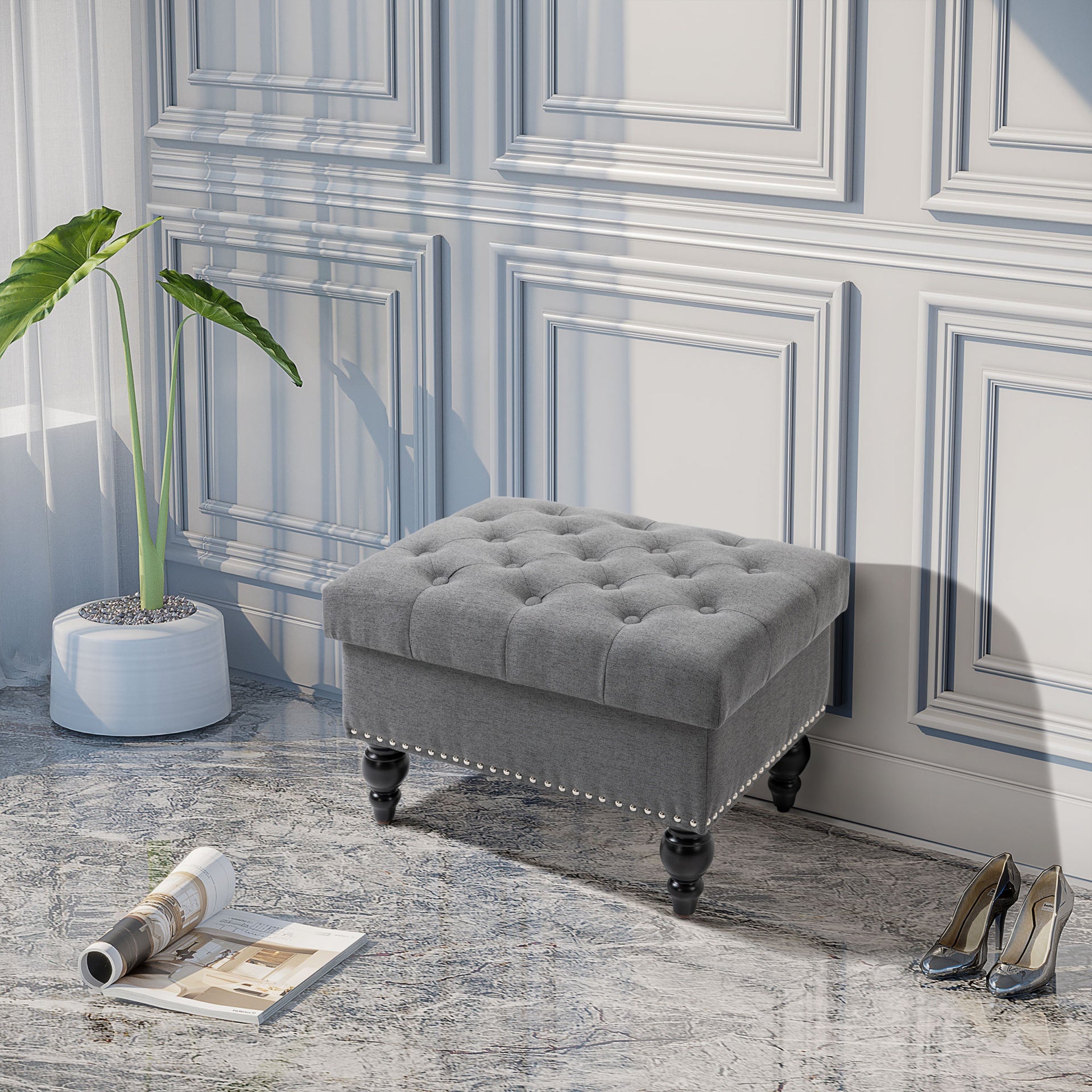 HOMCOM Ottoman with Storage for Living Room, 25" Storage Ottoman with Removable Lid, Button-Tufted Fabric Bench for Footrest and Seat with Wood Legs, Gray