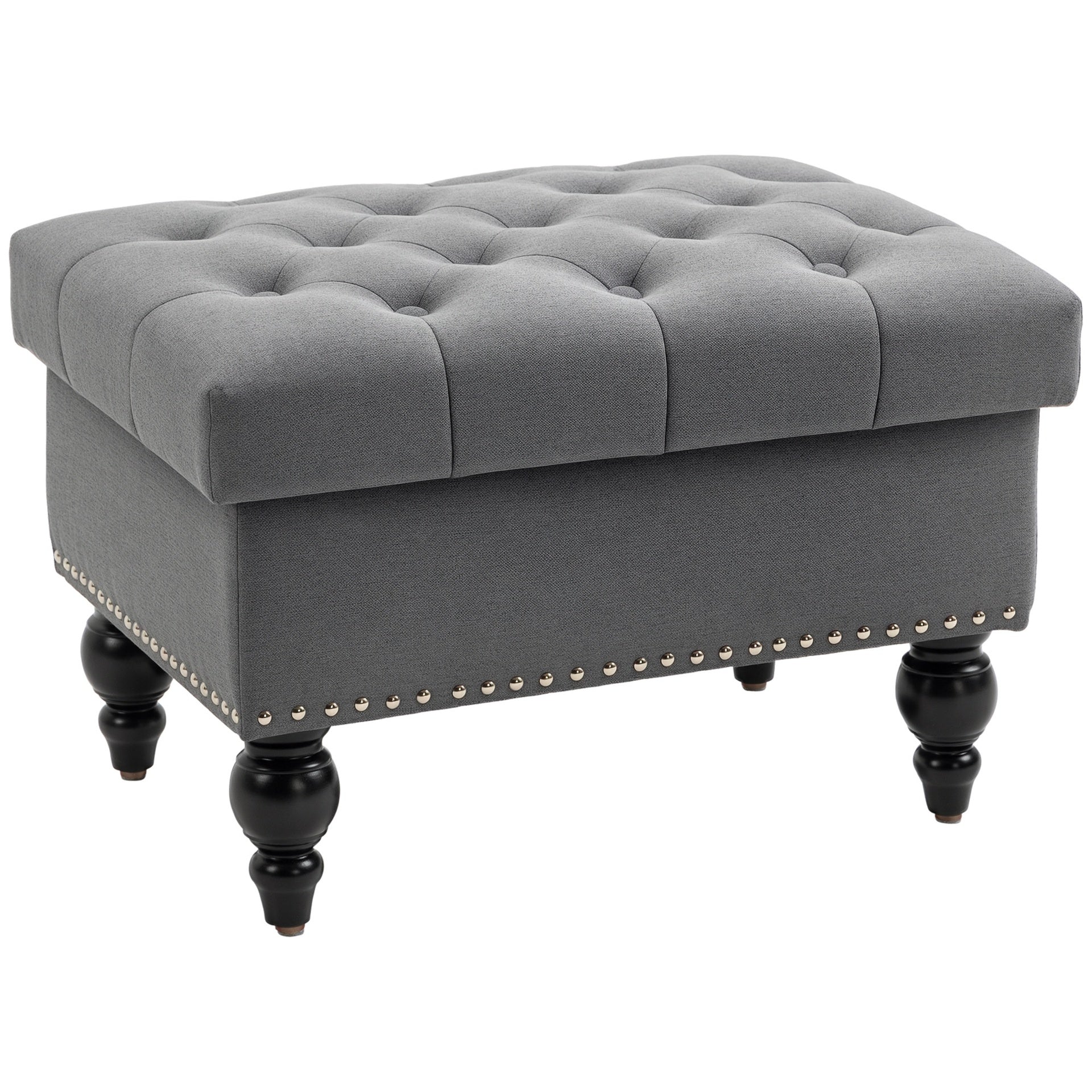 HOMCOM Ottoman with Storage for Living Room, 25" Storage Ottoman with Removable Lid, Button-Tufted Fabric Bench for Footrest and Seat with Wood Legs, Gray