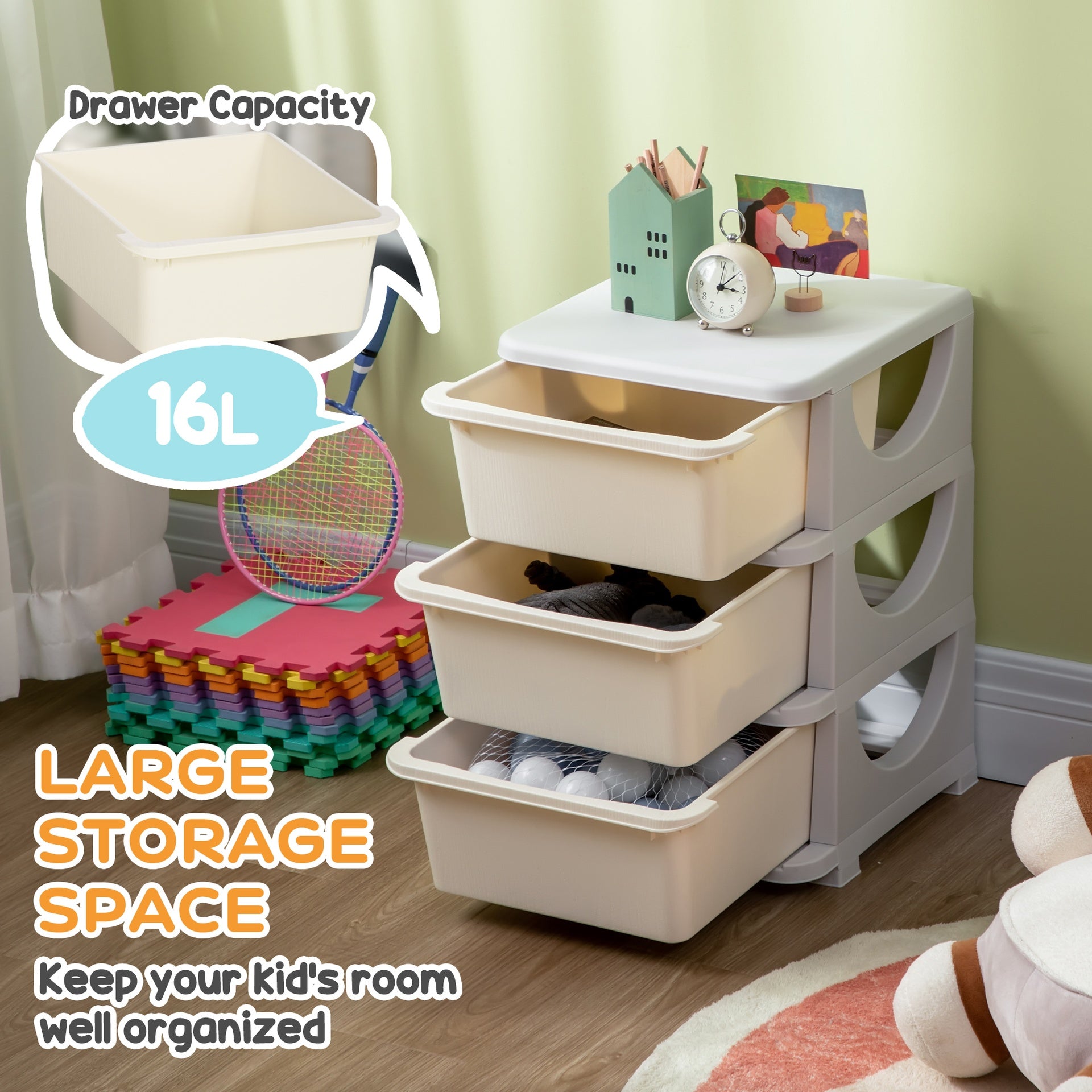 Qaba 3 Tier Kids Storage Unit, Toy Organizers and Storage with 3 Drawer Chest for Kids Bedroom Nursery Kindergarten Living Room for Boys Girls Toddlers, Cream White