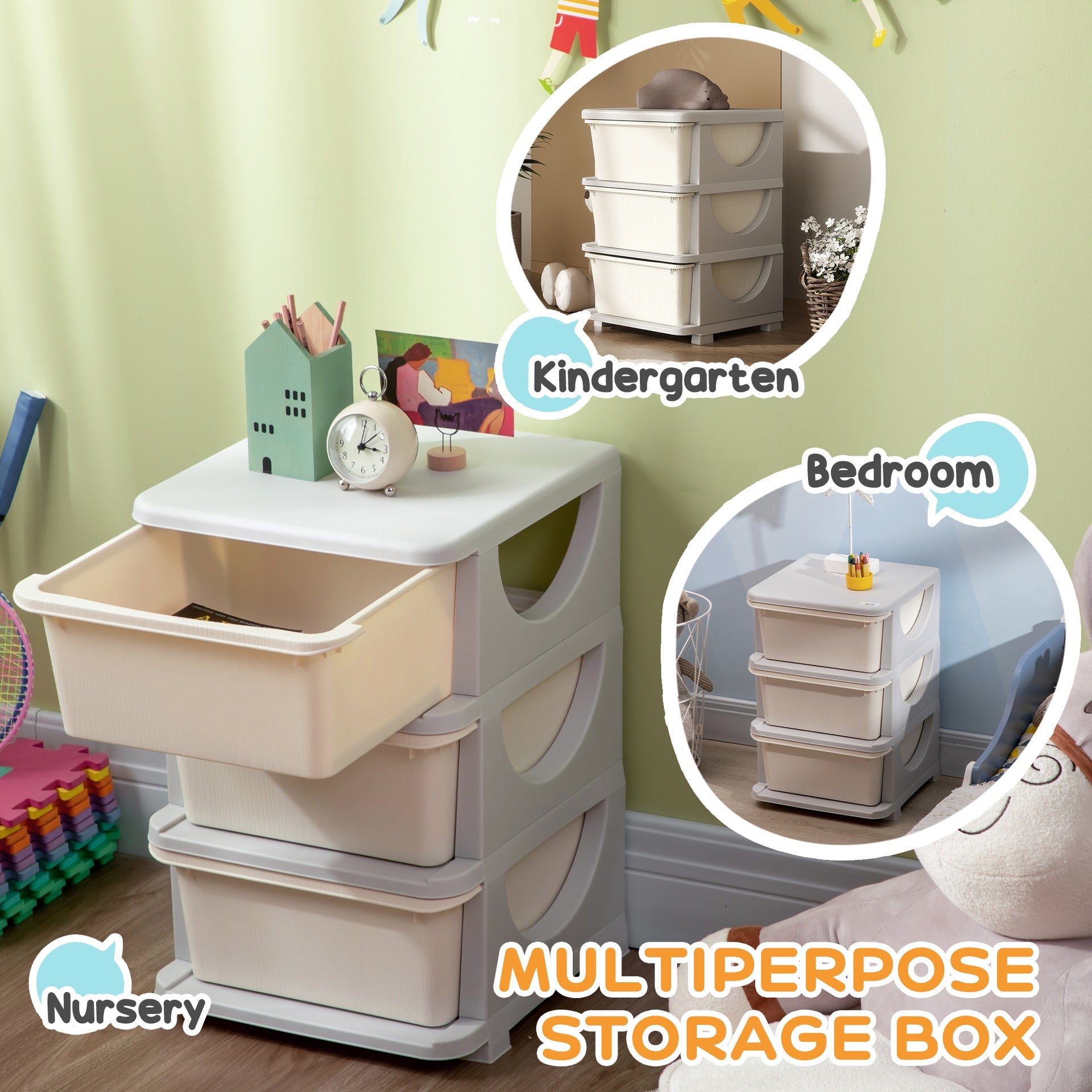 Qaba 3 Tier Kids Storage Unit, Toy Organizers and Storage with 3 Drawer Chest for Kids Bedroom Nursery Kindergarten Living Room for Boys Girls Toddlers, Cream White