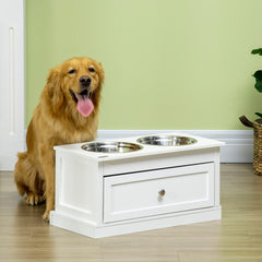 PawHut Large Elevated Dog Bowls with Storage Drawer Containing 11L Capacity, Raised Dog Bowl Stand Pet Food Bowl Dog Feeding Station, White
