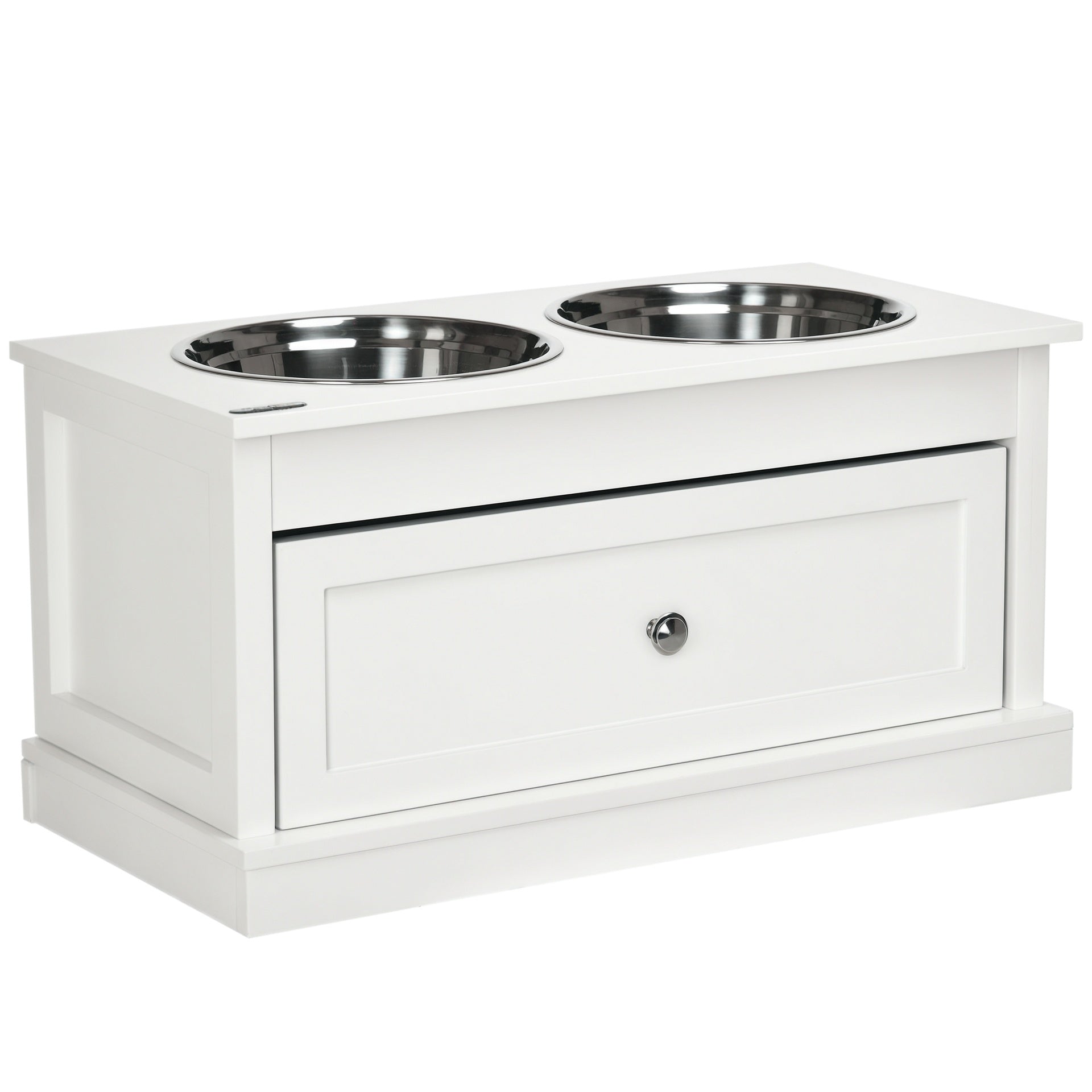 PawHut Large Elevated Dog Bowls with Storage Drawer Containing 11L Capacity, Raised Dog Bowl Stand Pet Food Bowl Dog Feeding Station, White