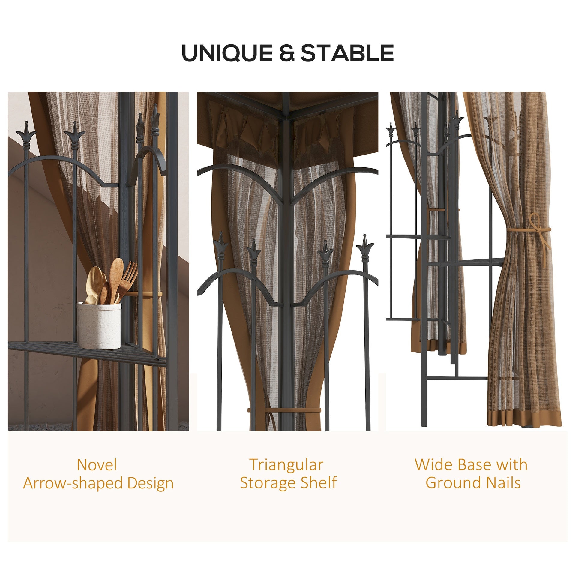 Outsunny 10' x 12' Patio Gazebo with Corner Frame Shelves, Double Roof Outdoor Gazebo Canopy Shelter with Netting, Brown