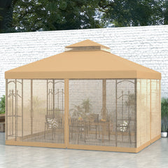 Outsunny 10' x 12' Patio Gazebo with Corner Frame Shelves, Double Roof Outdoor Gazebo Canopy Shelter with Netting, Brown