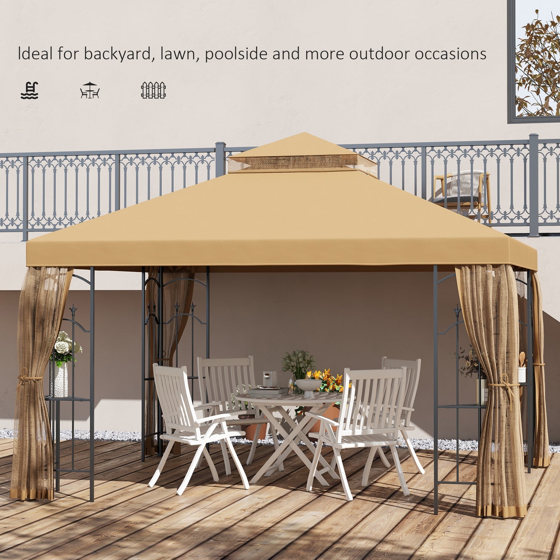 Outsunny 10' x 12' Patio Gazebo with Corner Frame Shelves, Double Roof Outdoor Gazebo Canopy Shelter with Netting, Brown