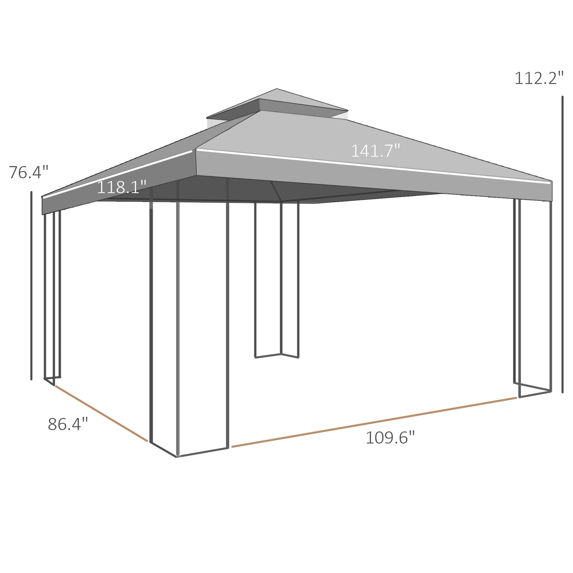 Outsunny 10' x 12' Patio Gazebo with Corner Frame Shelves, Double Roof Outdoor Gazebo Canopy Shelter with Netting, Brown