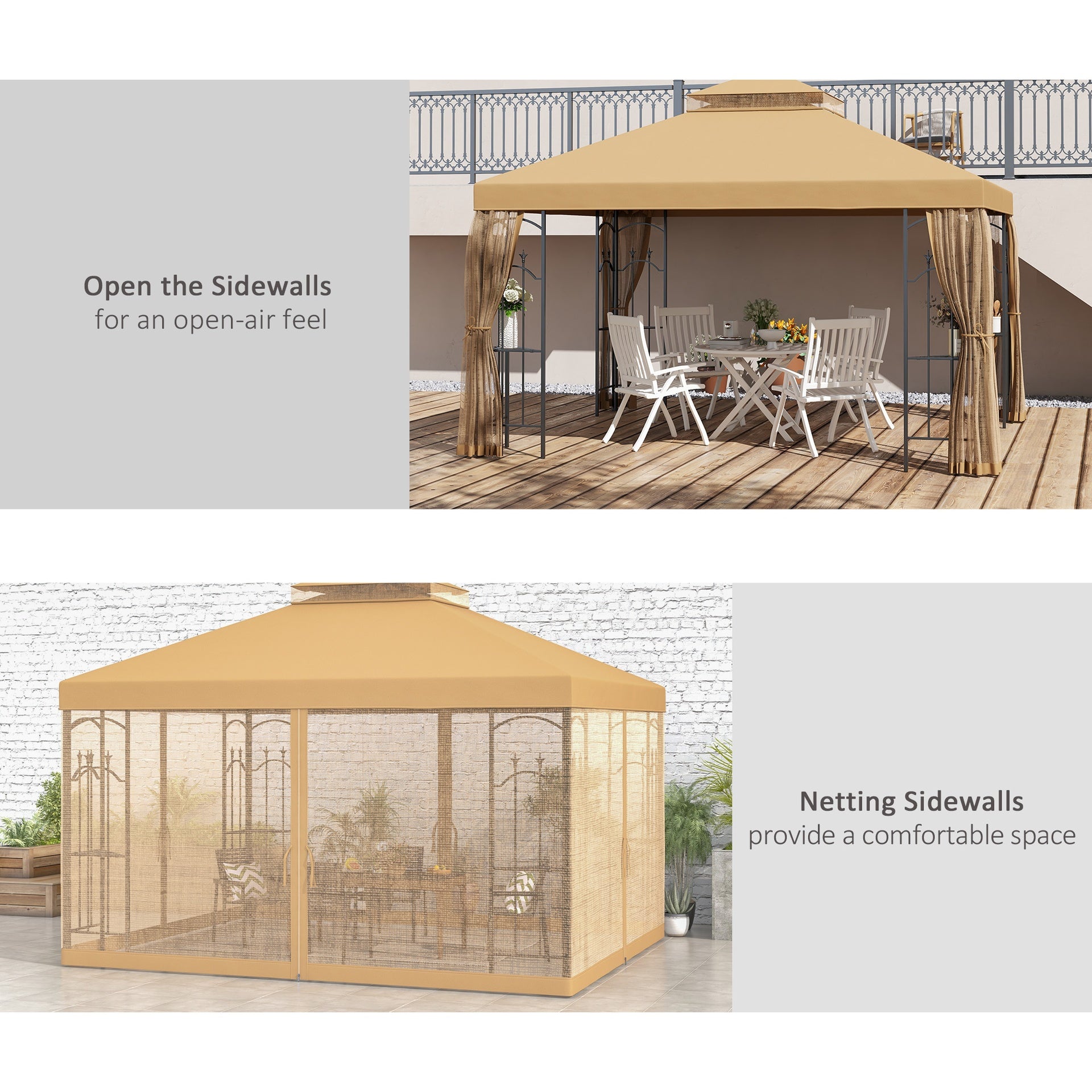 Outsunny 10' x 12' Patio Gazebo with Corner Frame Shelves, Double Roof Outdoor Gazebo Canopy Shelter with Netting, Brown