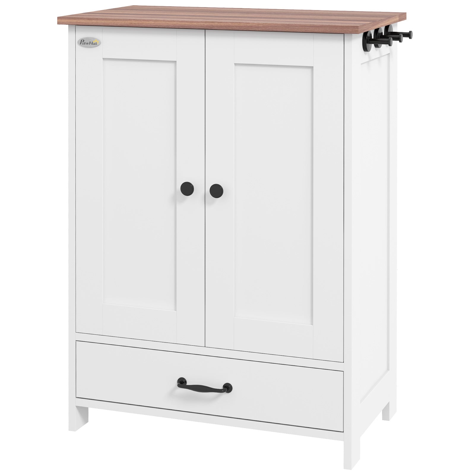PawHut Pet Feeding Station, Dog Food Storage Cabinet w/ Raised Dog Bowls, Adjustable Panel, Hooks for Medium Dogs, White