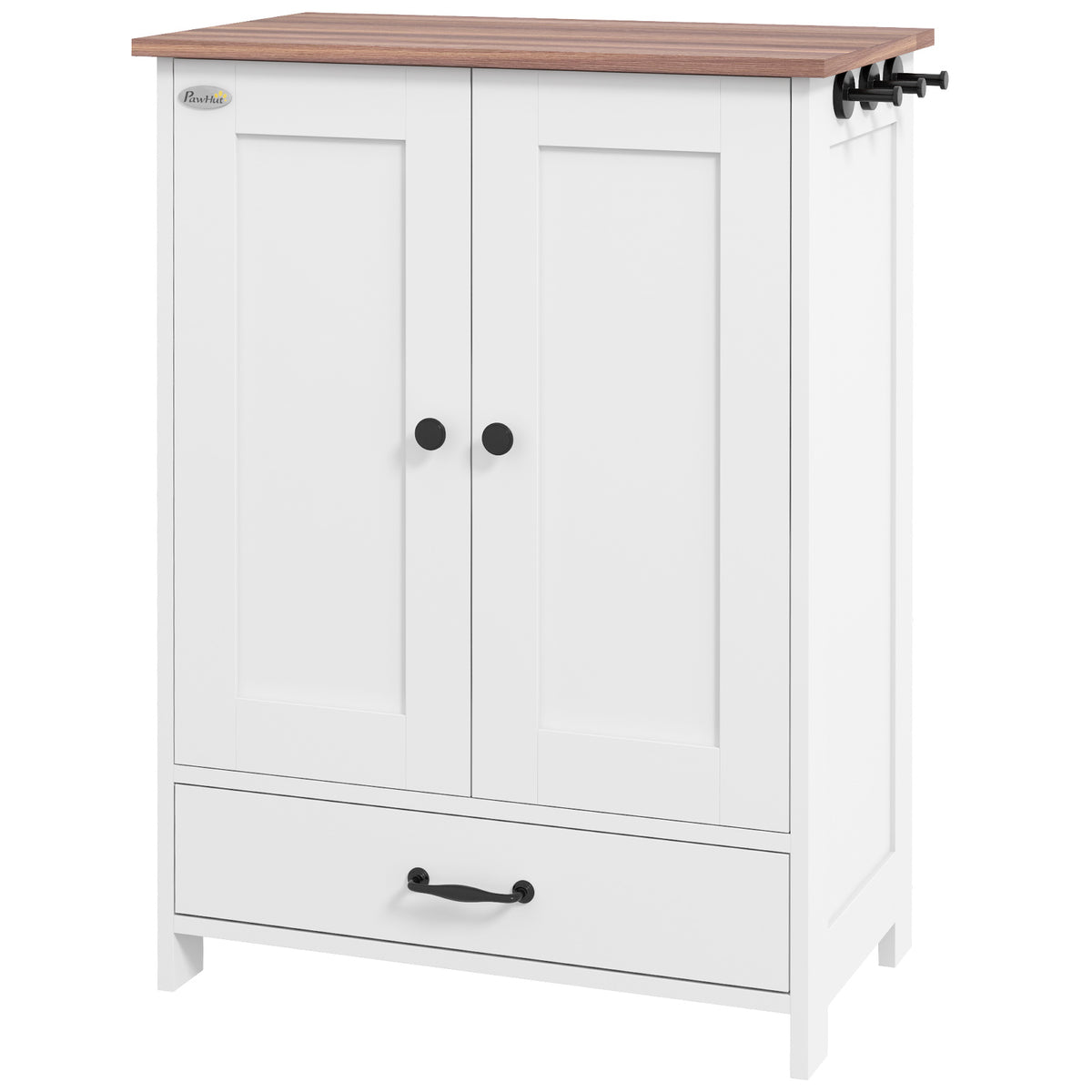 PawHut Pet Feeding Station, Dog Food Storage Cabinet w/ Raised Dog Bowls, Adjustable Panel, Hooks for Medium Dogs, White
