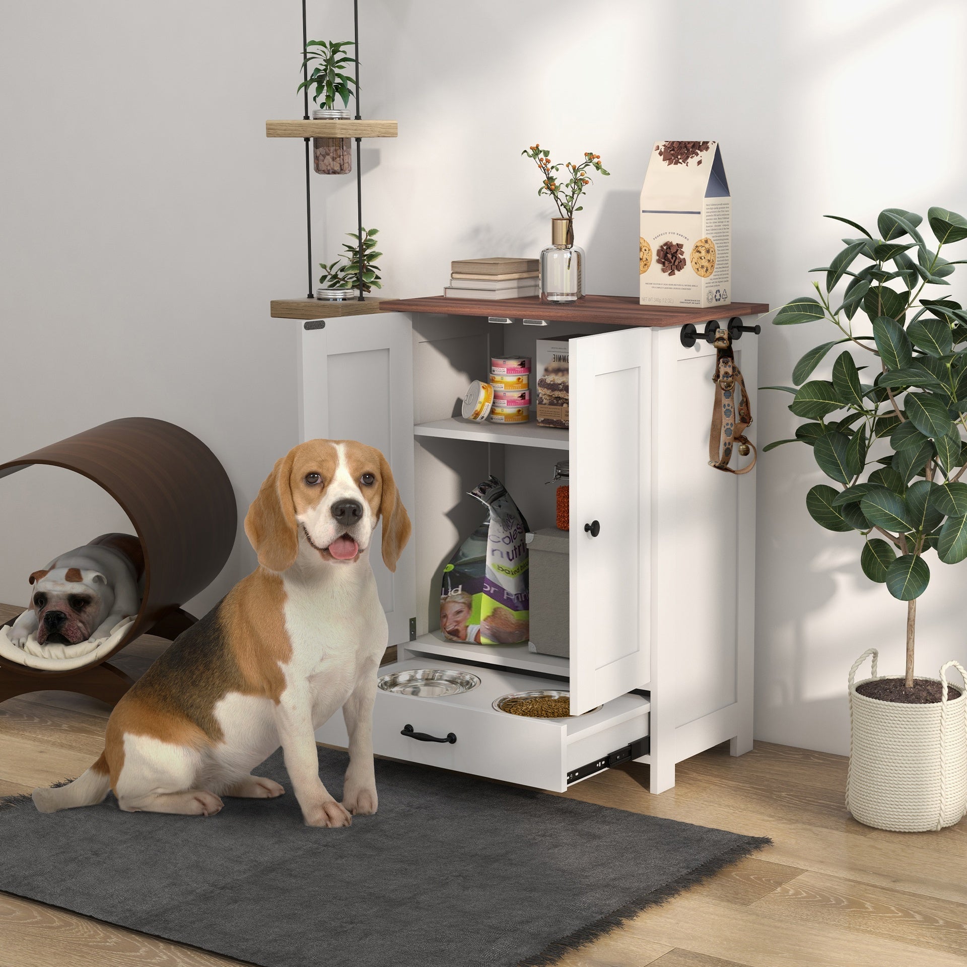 PawHut Pet Feeding Station, Dog Food Storage Cabinet w/ Raised Dog Bowls, Adjustable Panel, Hooks for Medium Dogs, White