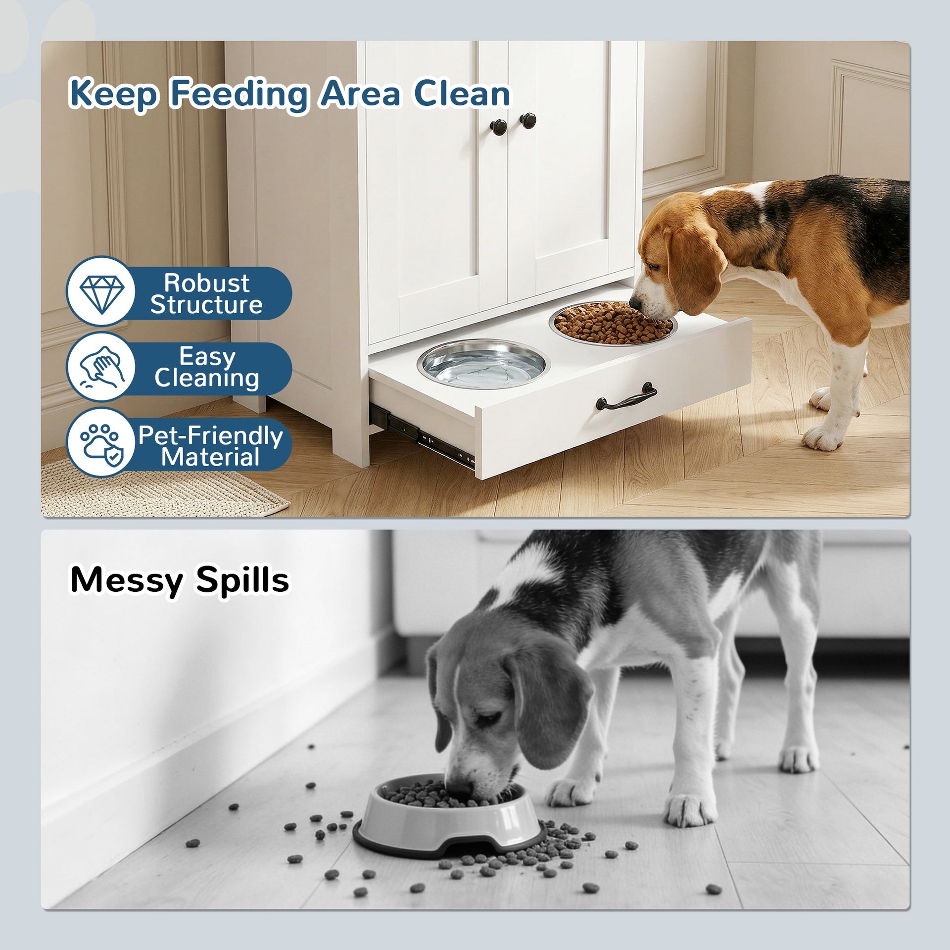 PawHut Pet Feeding Station, Dog Food Storage Cabinet w/ Raised Dog Bowls, Adjustable Panel, Hooks for Medium Dogs, White