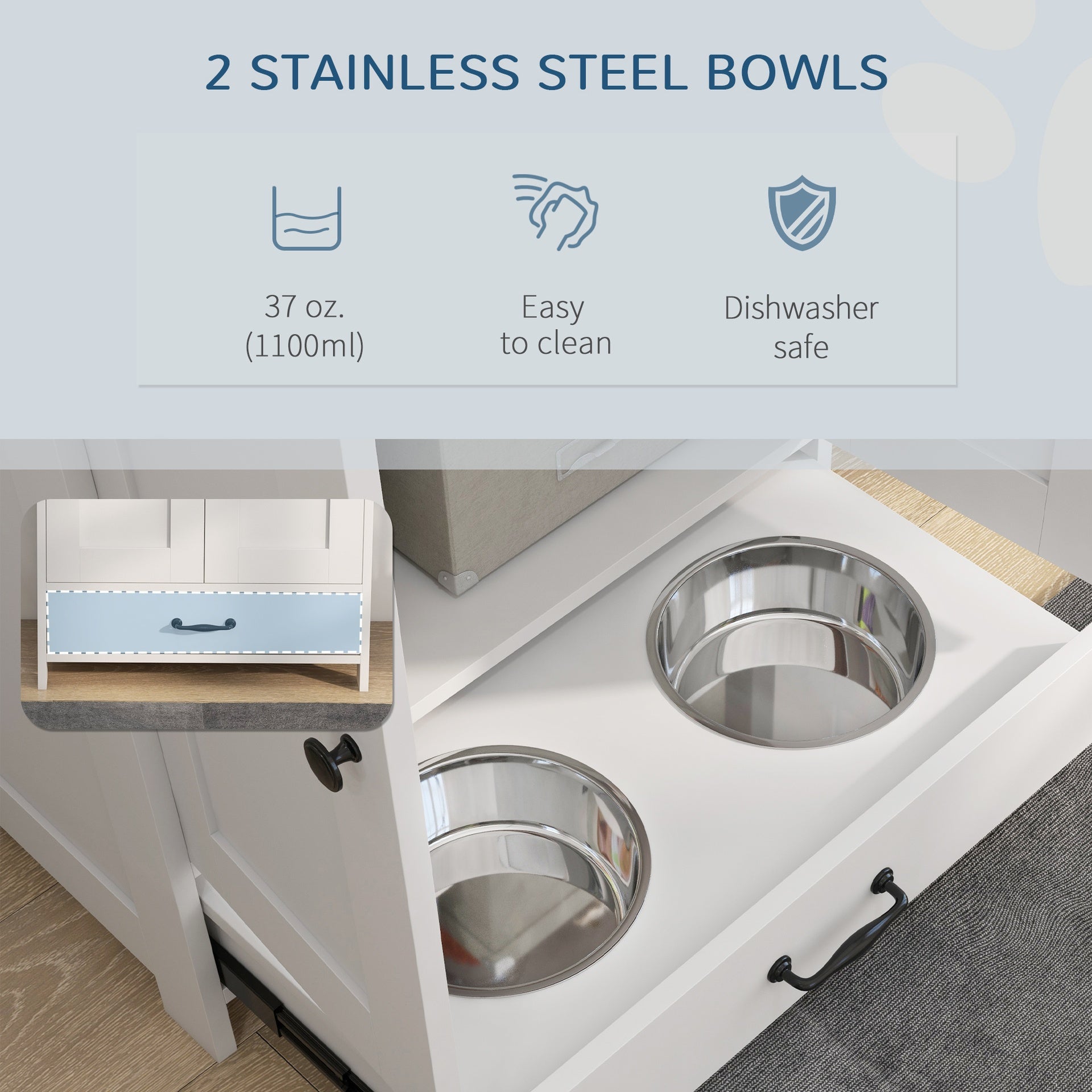 PawHut Pet Feeding Station, Dog Food Storage Cabinet w/ Raised Dog Bowls, Adjustable Panel, Hooks for Medium Dogs, White