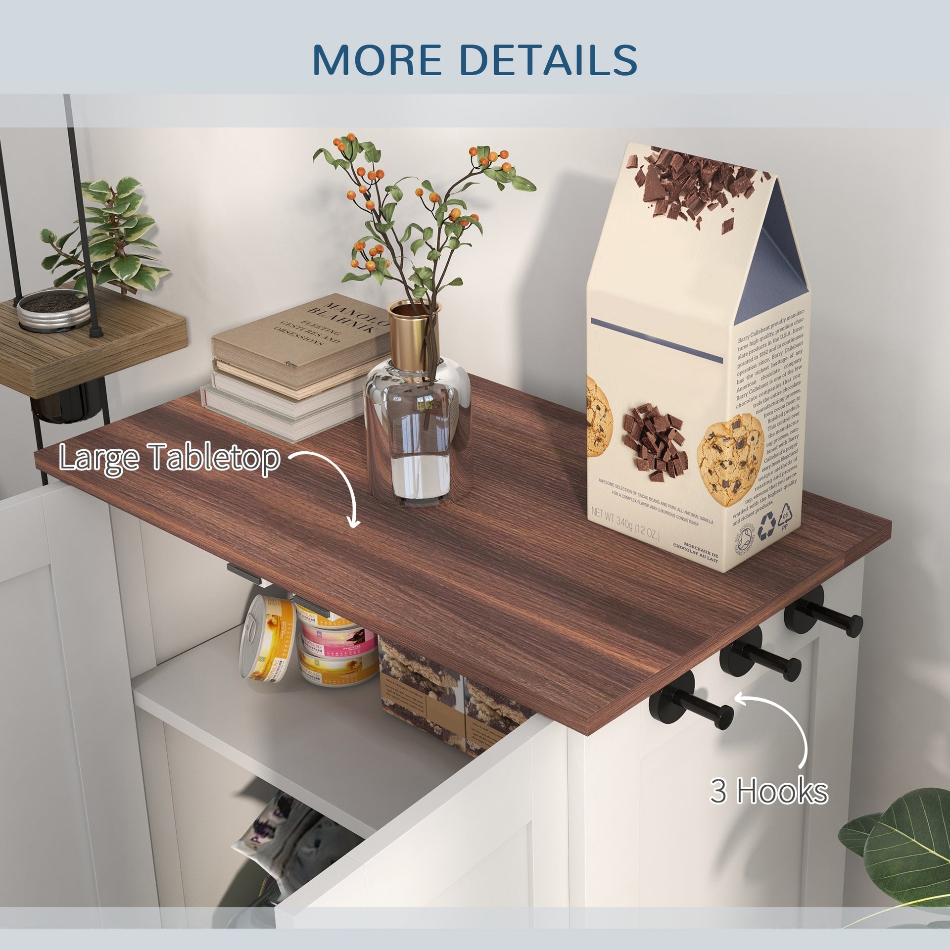 PawHut Pet Feeding Station, Dog Food Storage Cabinet w/ Raised Dog Bowls, Adjustable Panel, Hooks for Medium Dogs, White