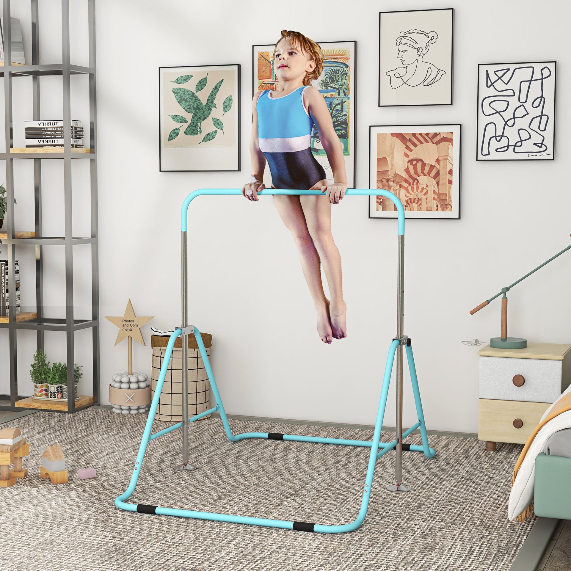 Qaba Folding Gymnastics Bar for Kids, Adjustable Height, Green
