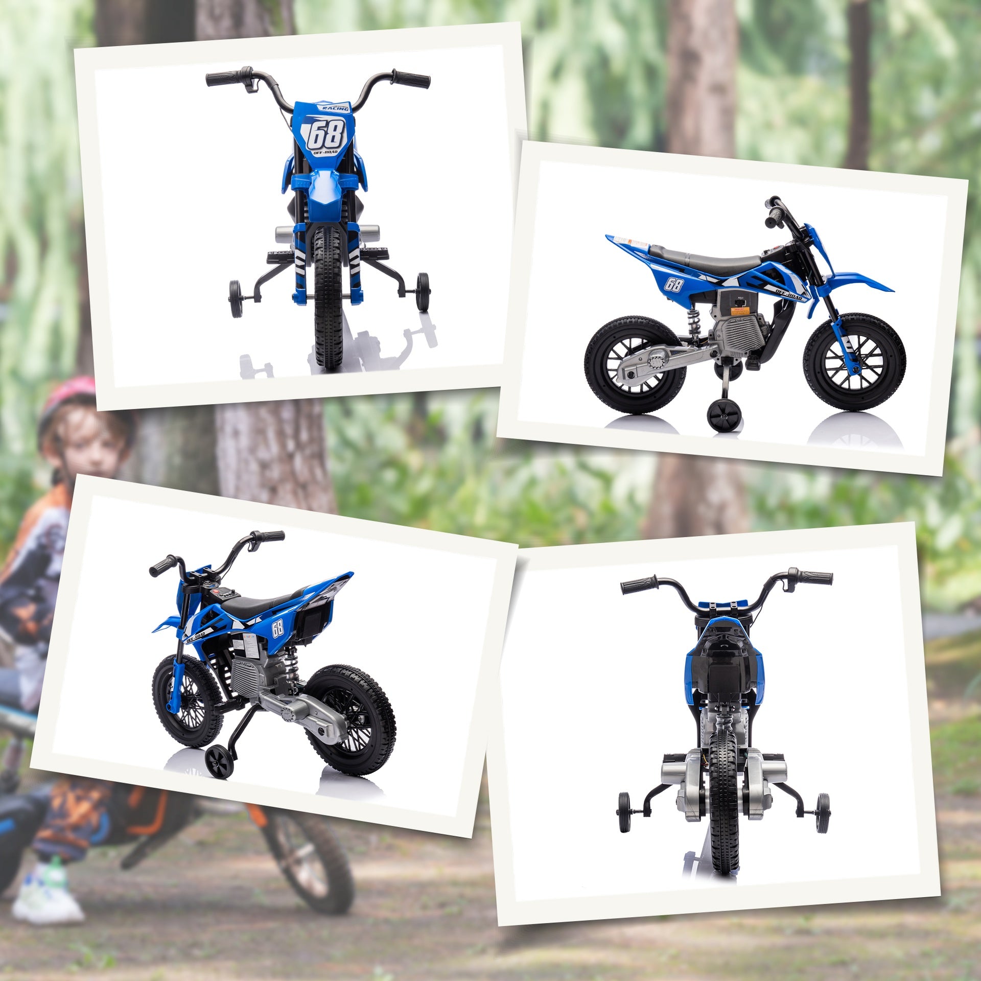 Qaba 12V Kids Electric Motorcycle w/ Twist Grip Throttle, Training Wheels, Rear Suspension & Music, Blue