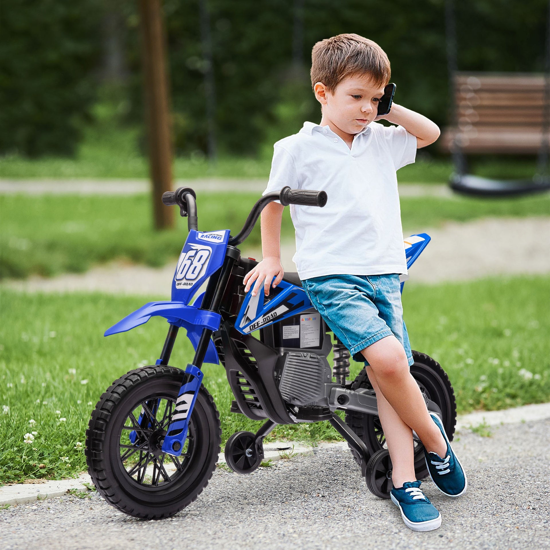 Qaba 12V Kids Electric Motorcycle w/ Twist Grip Throttle, Training Wheels, Rear Suspension & Music, Blue