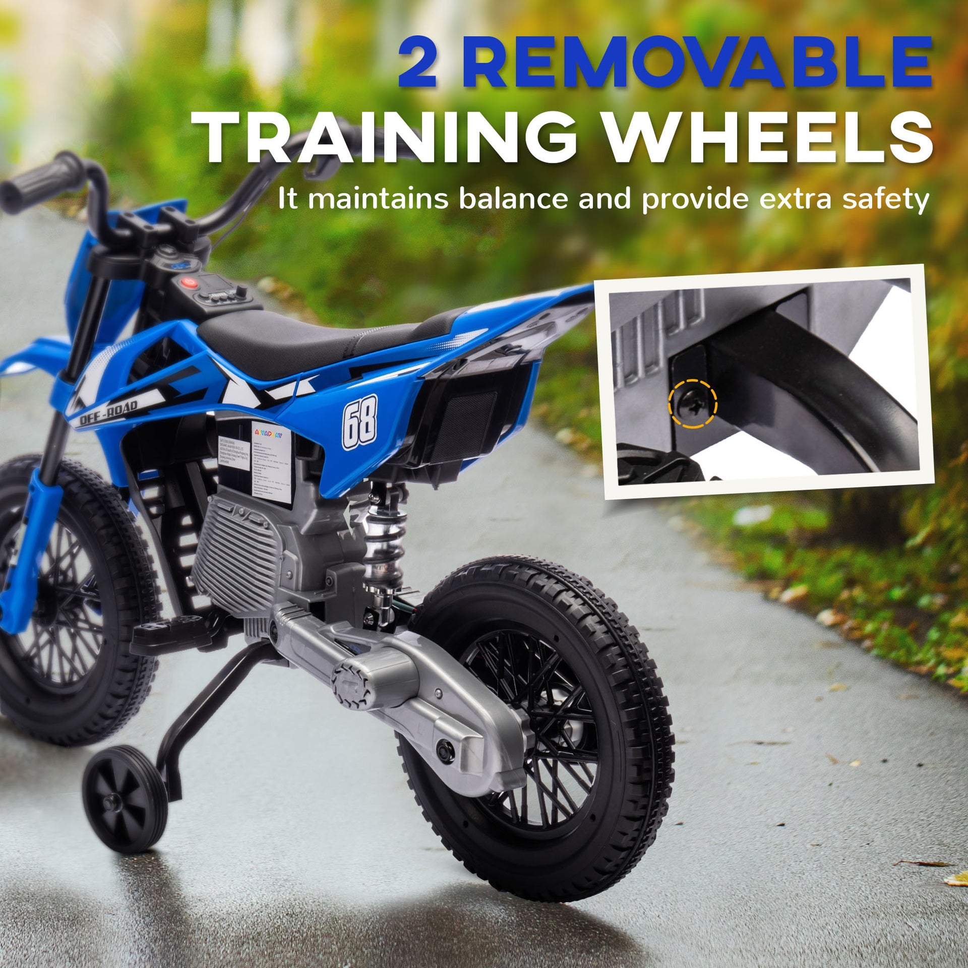 Qaba 12V Kids Electric Motorcycle w/ Twist Grip Throttle, Training Wheels, Rear Suspension & Music, Blue