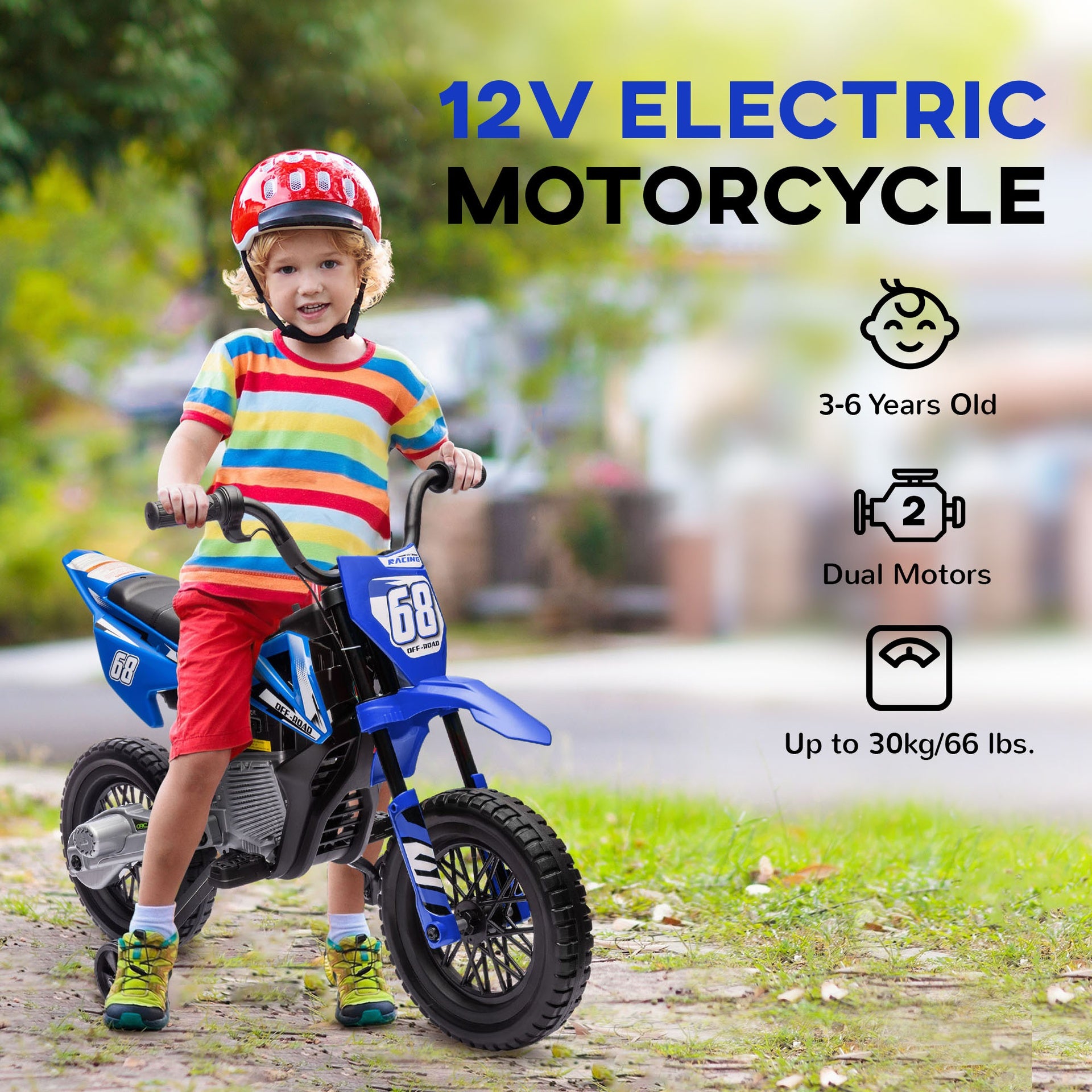 Qaba 12V Kids Electric Motorcycle w/ Twist Grip Throttle, Training Wheels, Rear Suspension & Music, Blue