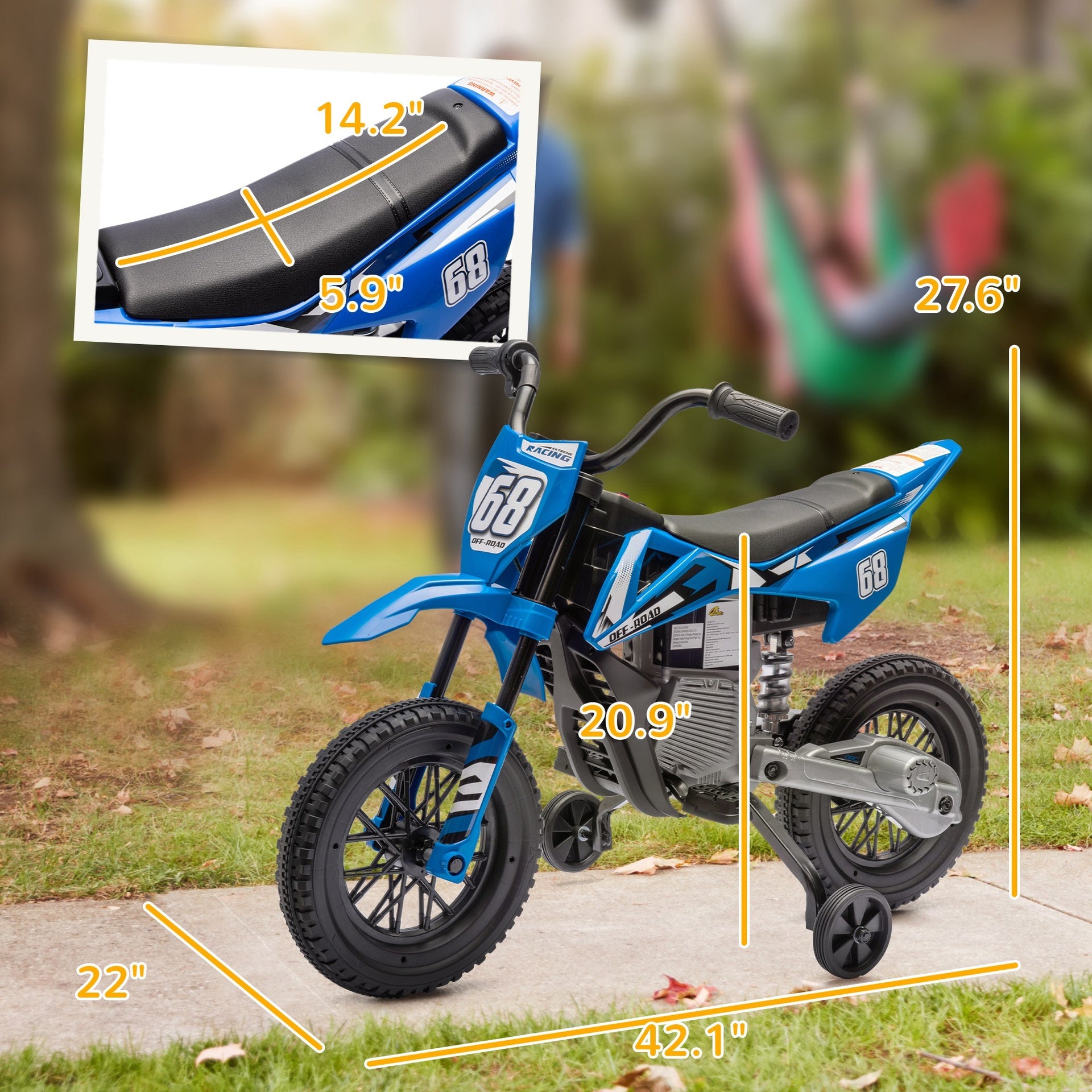 Qaba 12V Kids Electric Motorcycle w/ Twist Grip Throttle, Training Wheels, Rear Suspension & Music, Blue