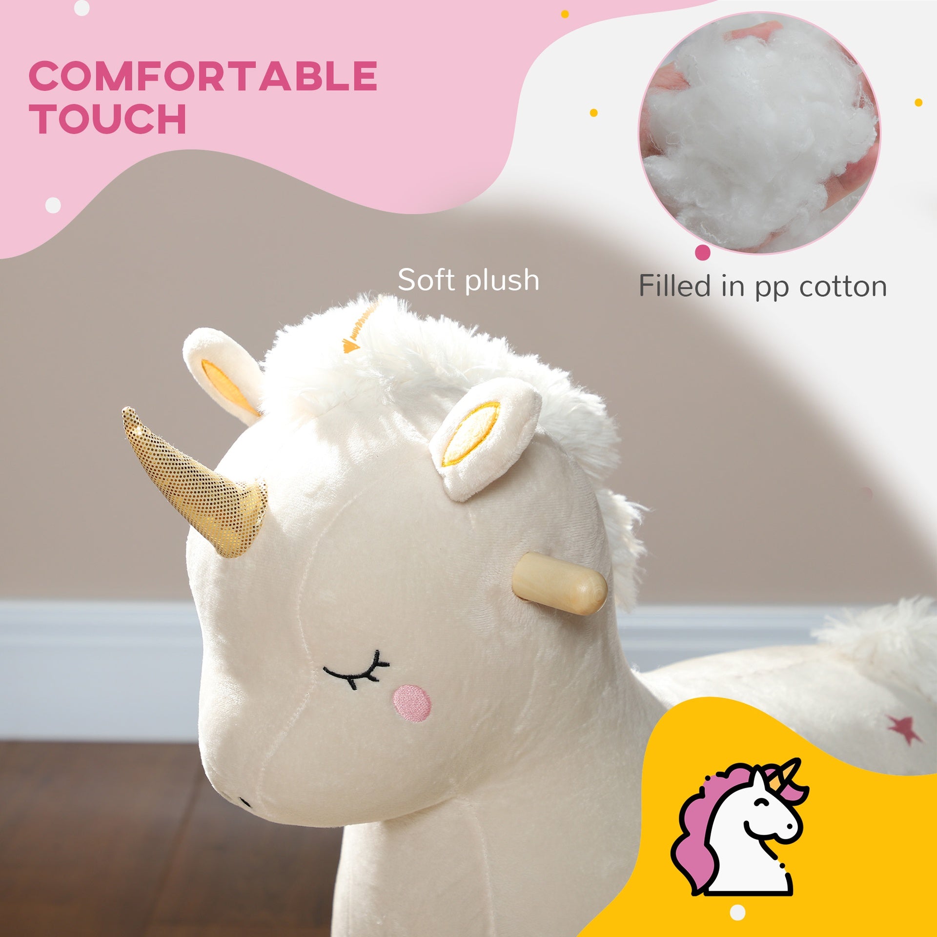Qaba Kids Rocking Horse, Ride on Unicorn with Realistic Sounds & Wooden Base for Years 2-4, White