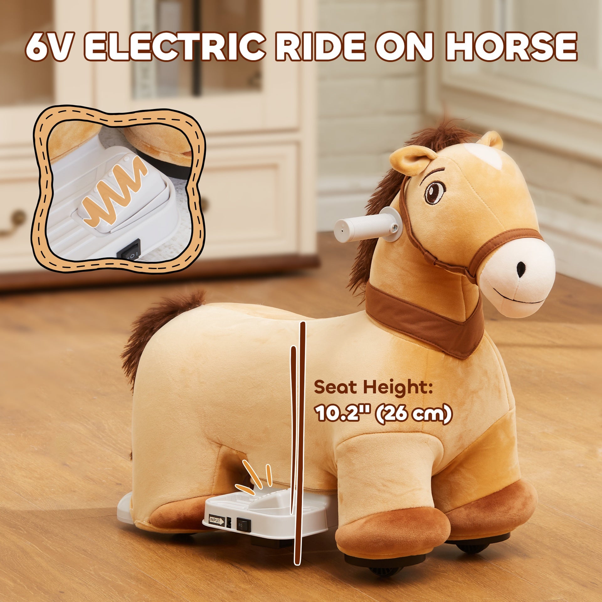 Qaba Battery Powered Electric Ride on Pony, 6V Ride on Horse w/ with Music Forward, PU Wheels, Aged 18-36 Months, Brown