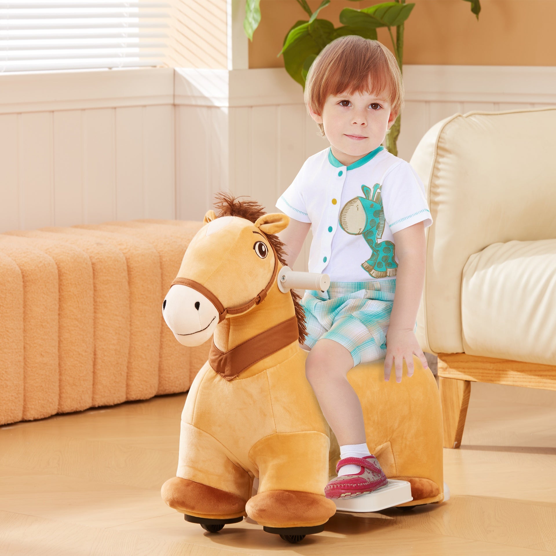 Qaba Battery Powered Electric Ride on Pony, 6V Ride on Horse w/ with Music Forward, PU Wheels, Aged 18-36 Months, Brown