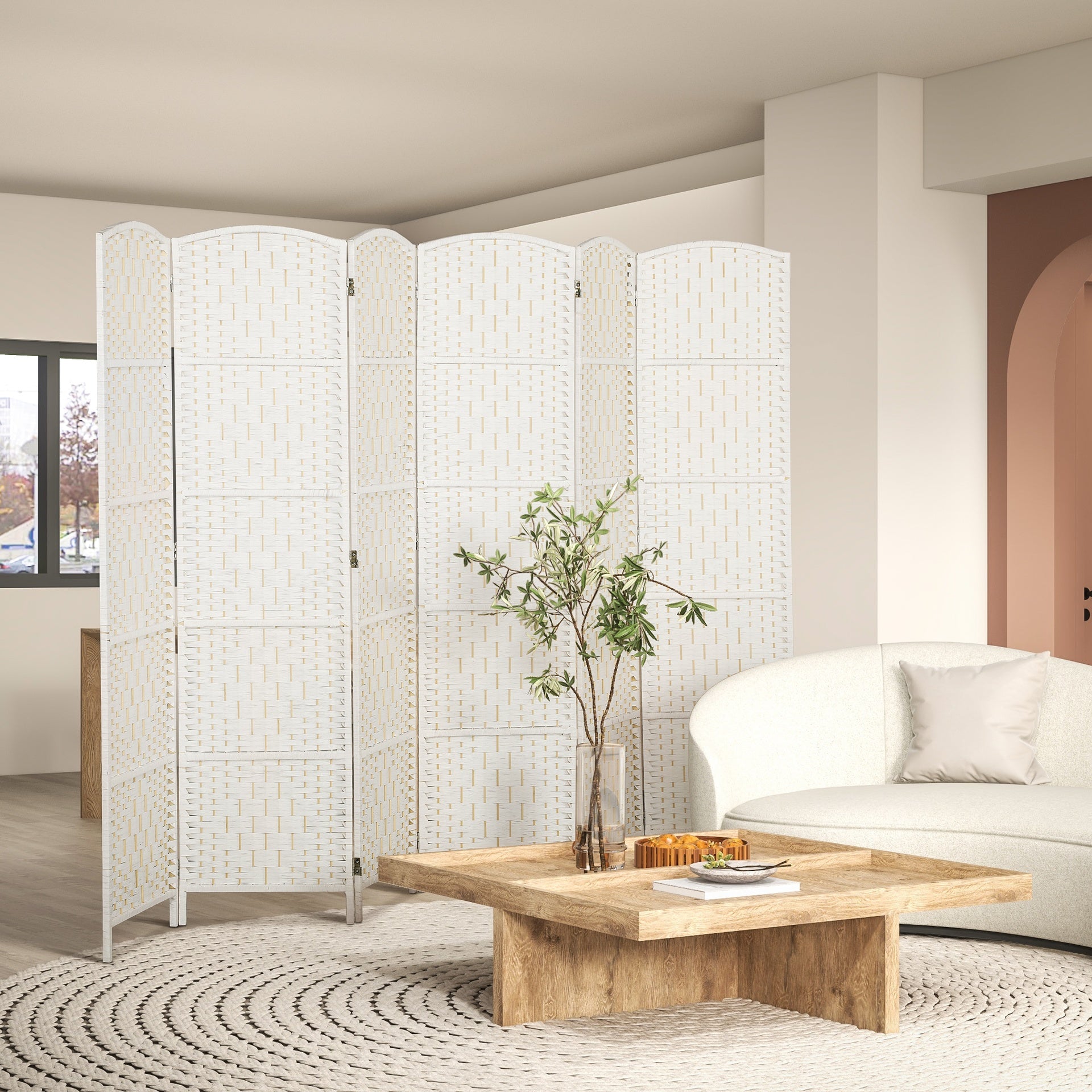 HOMCOM Room Divider, 6 Panel Folding Privacy Screen, 6FT Tall Portable Weave Partition Wall Divider for Bedroom, White