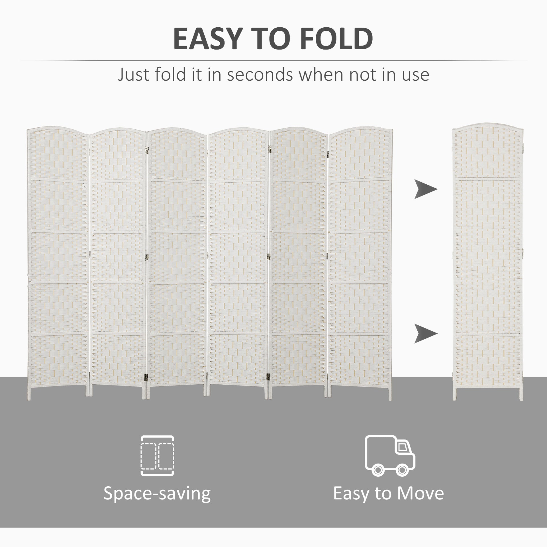 HOMCOM Room Divider, 6 Panel Folding Privacy Screen, 6FT Tall Portable Weave Partition Wall Divider for Bedroom, White