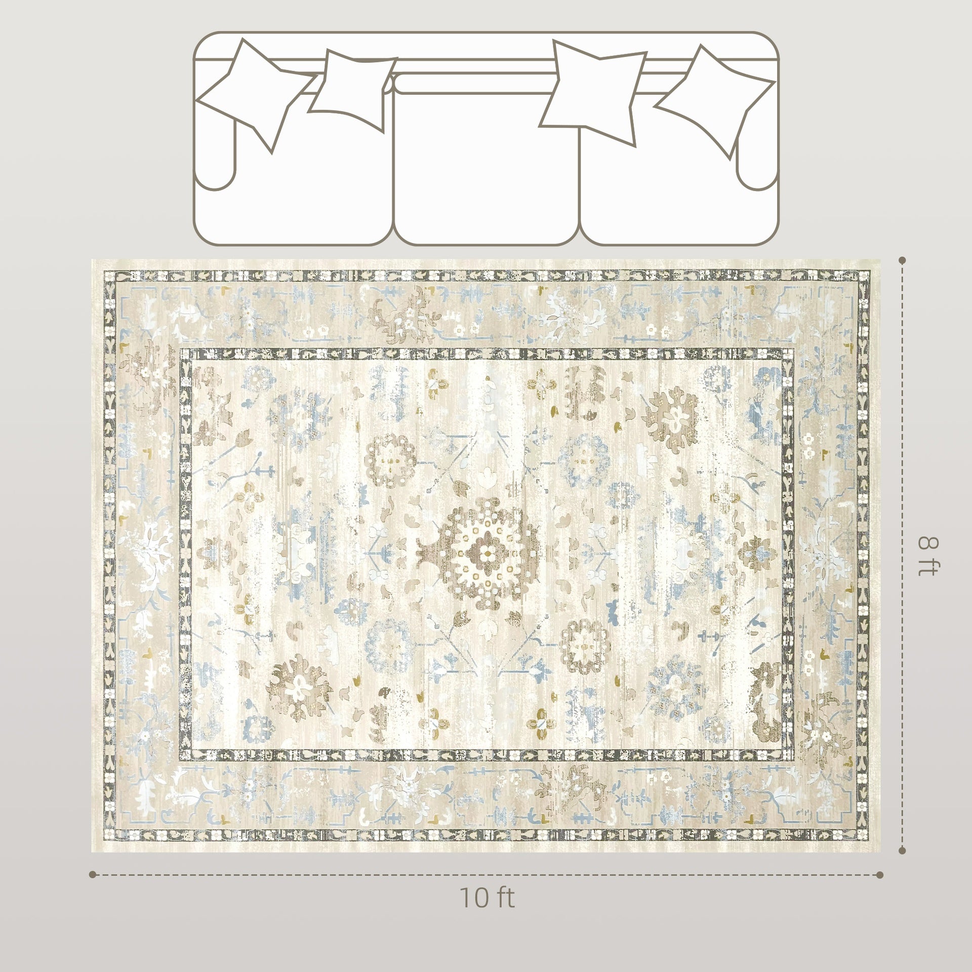 HOMCOM 8x10 Area Rug, Indoor Boho Machine Washable Carpet for Living Room, Bedroom, Dining Room, Kitchen, Blue