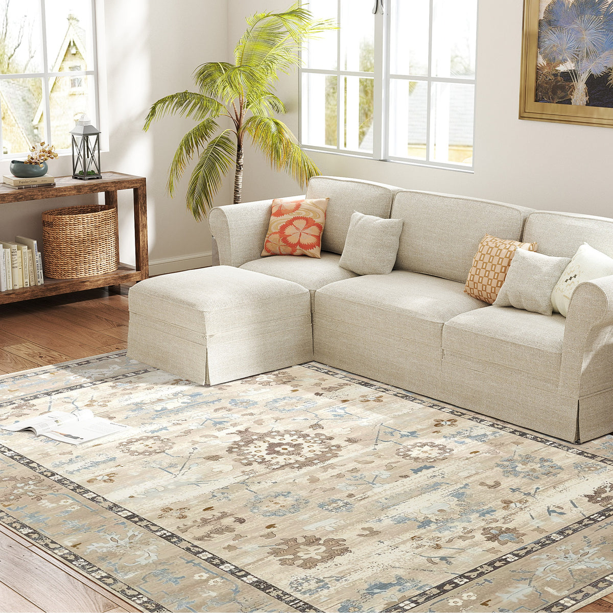 HOMCOM 8x10 Area Rug, Indoor Boho Machine Washable Carpet for Living Room, Bedroom, Dining Room, Kitchen, Blue