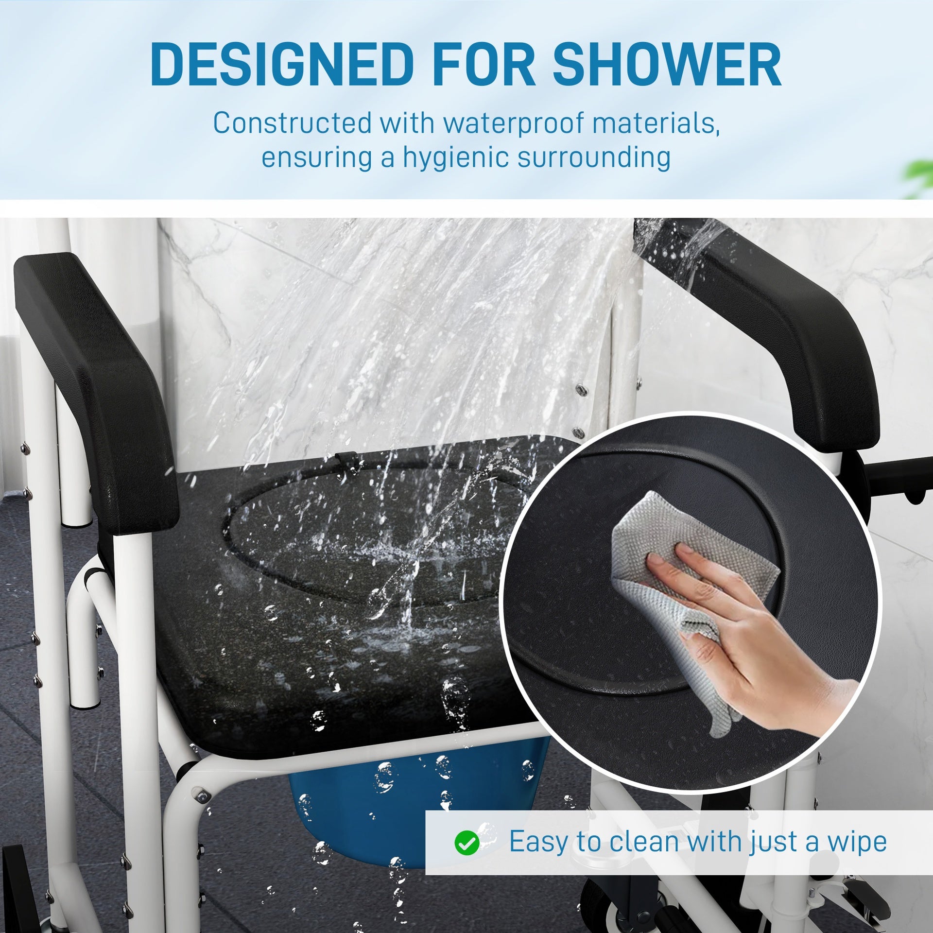 HOMCOM Rolling Shower Wheelchair for Seniors, Bedside Commode Chair with Locking Wheels, Seat, Backrest, Arms, Black