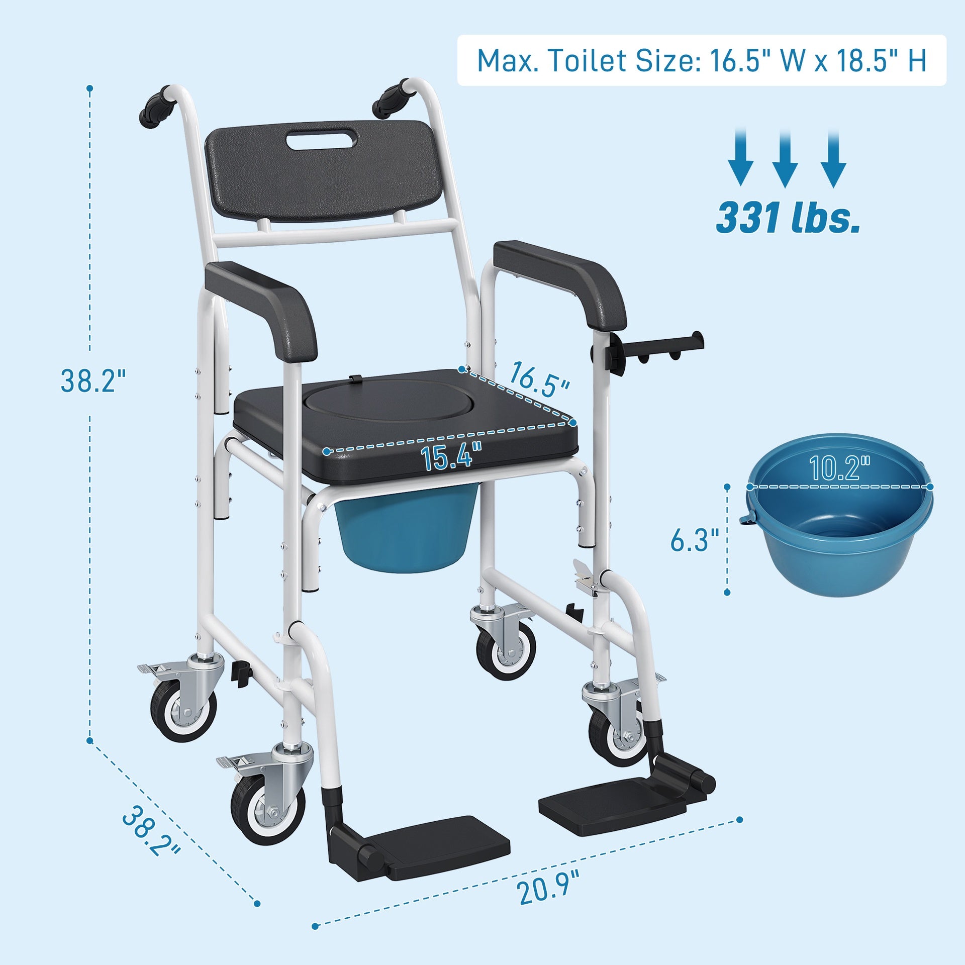 HOMCOM Rolling Shower Wheelchair for Seniors, Bedside Commode Chair with Locking Wheels, Seat, Backrest, Arms, Black